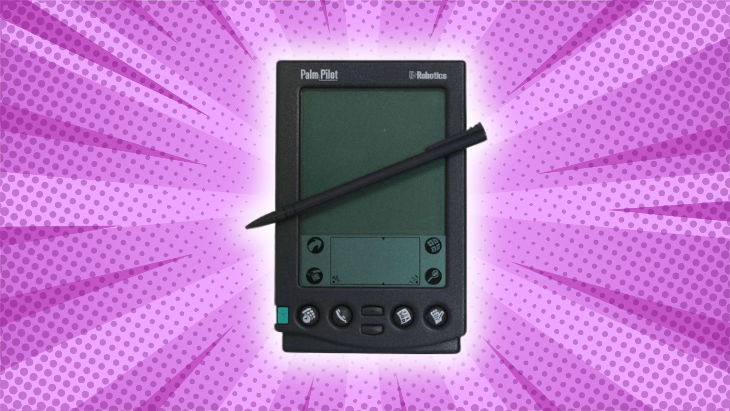 A Palm Pilot against a purple background. 