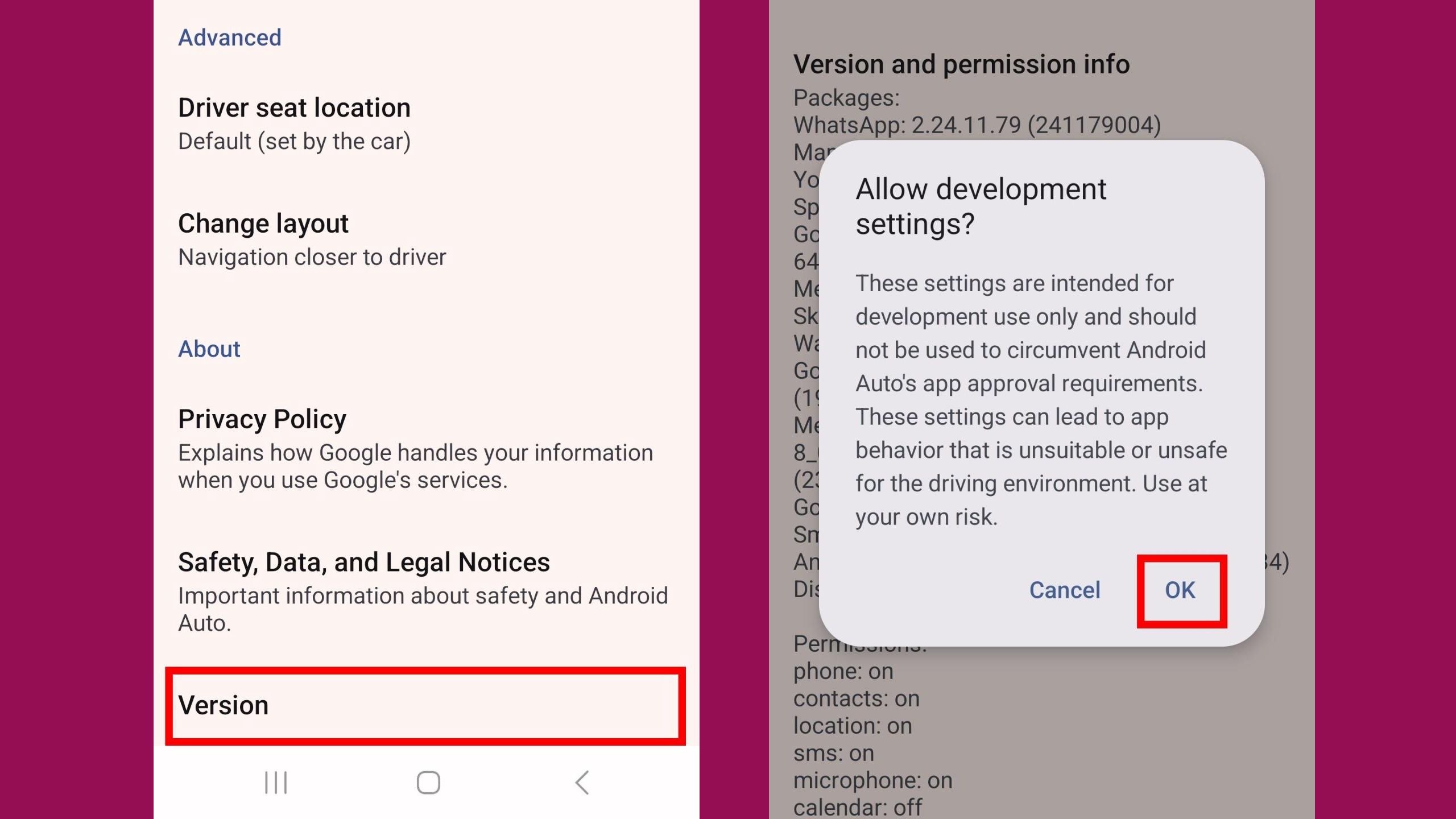 Enabling developer settings in Android Auto.