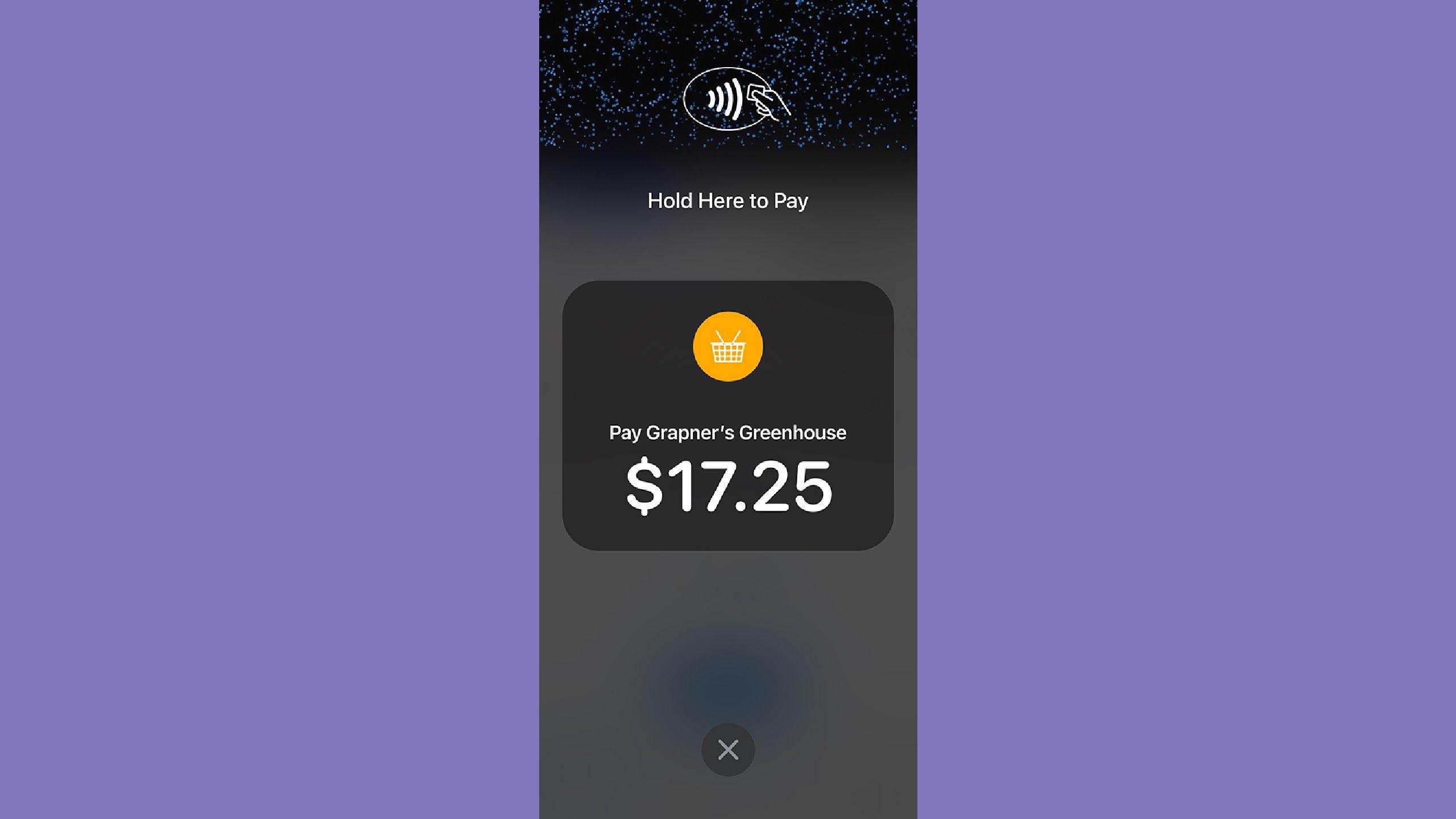 Apple Pay iPhone to iPhone on a purple background. 