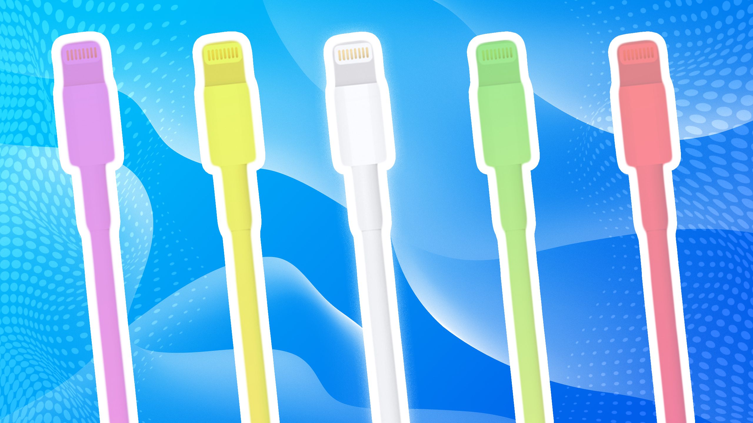 Five Lightning port cables in a row in different colors. 