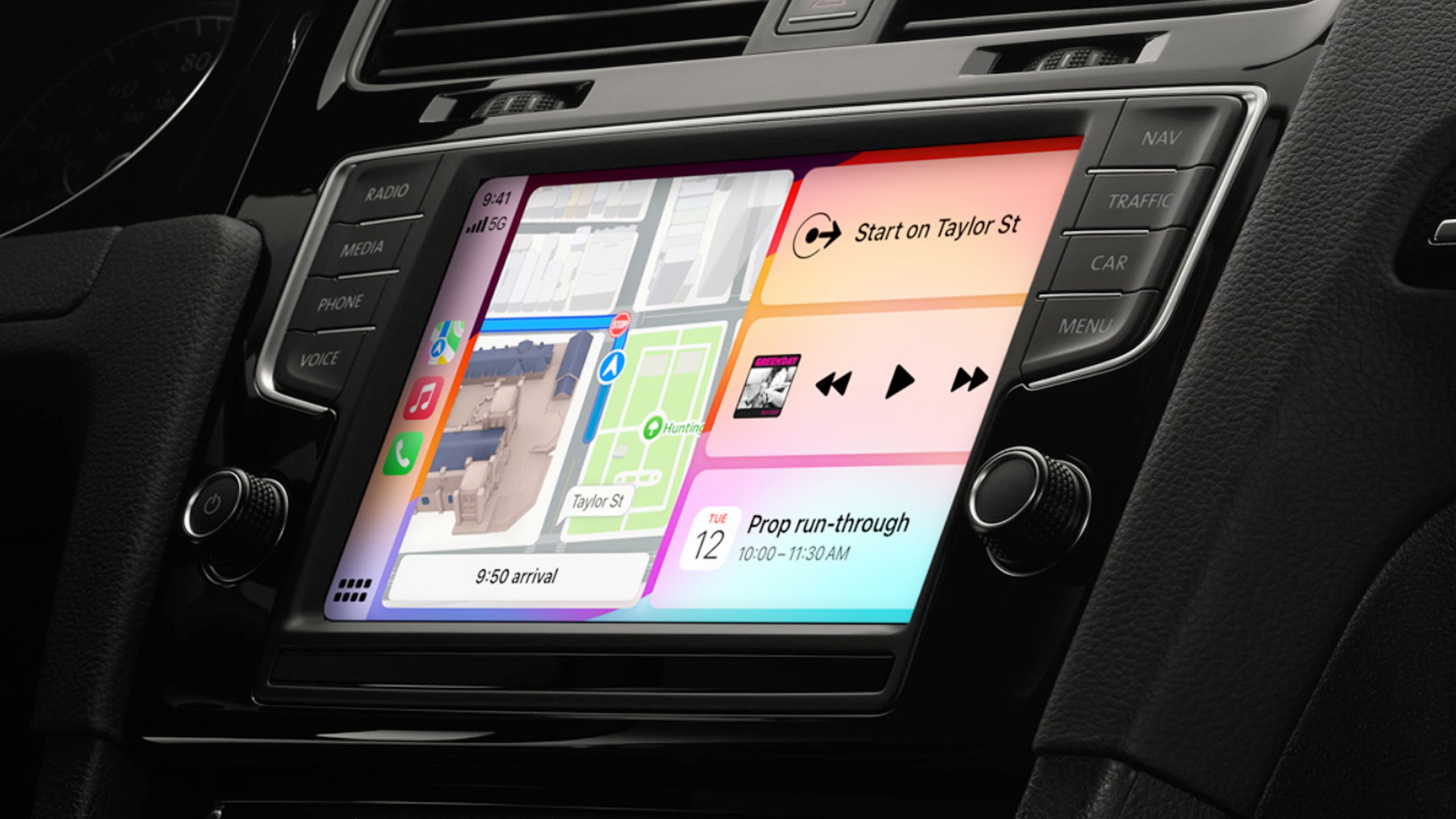 A mockup of CarPlay's multi-app dashboard view.