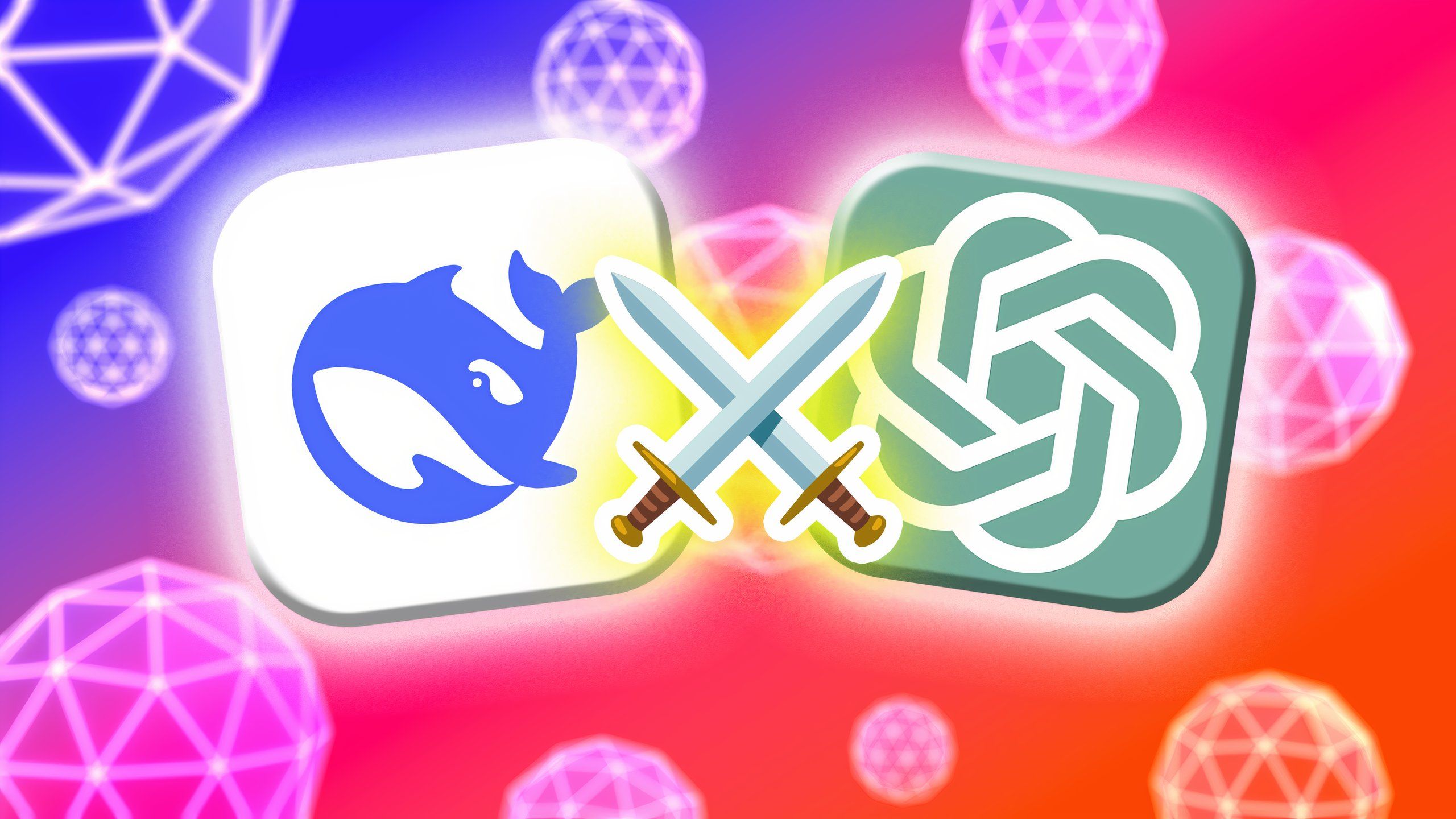 The DeepSeek logo and ChatGPT logo separated by emoji crossed swords.