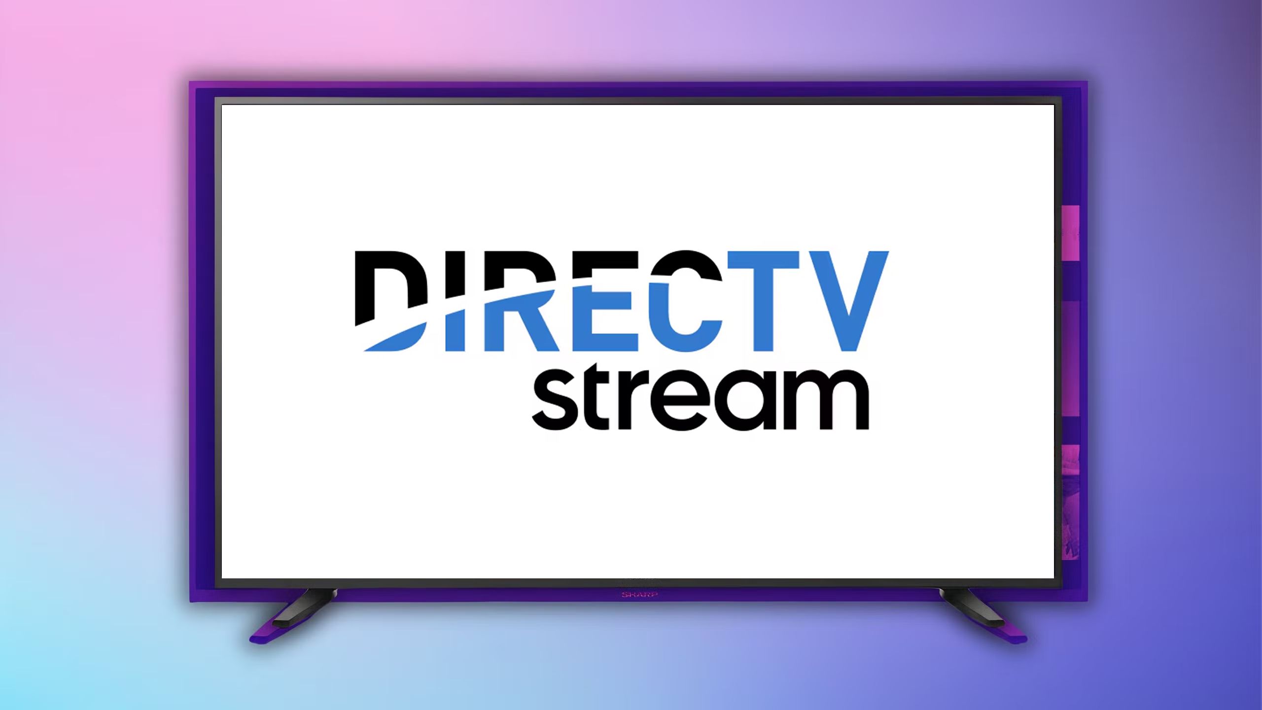 DirecTV logo on Sharp TV on purple background.