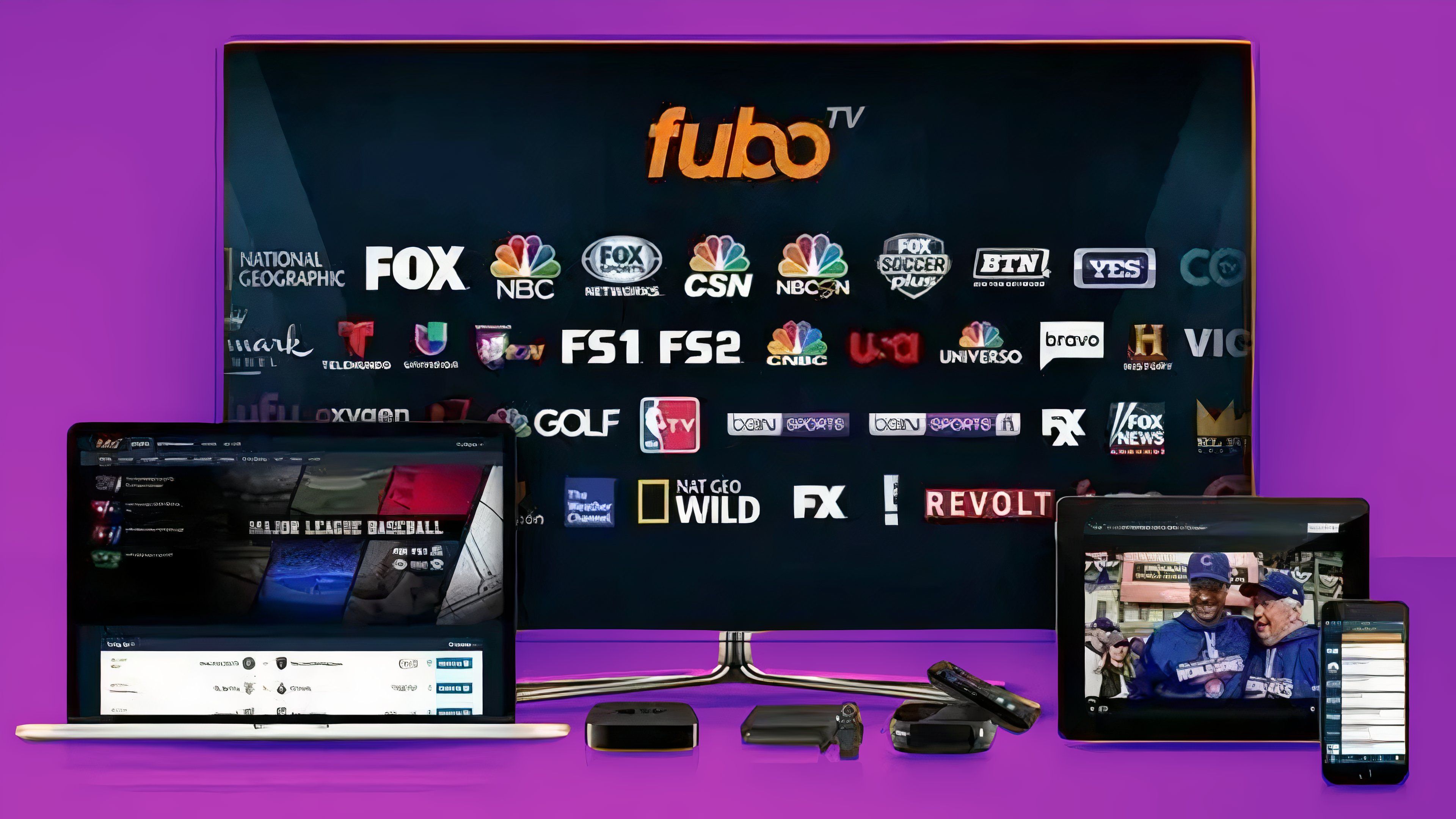 FuboTV on a laptop, tablet, phone, and TV. 