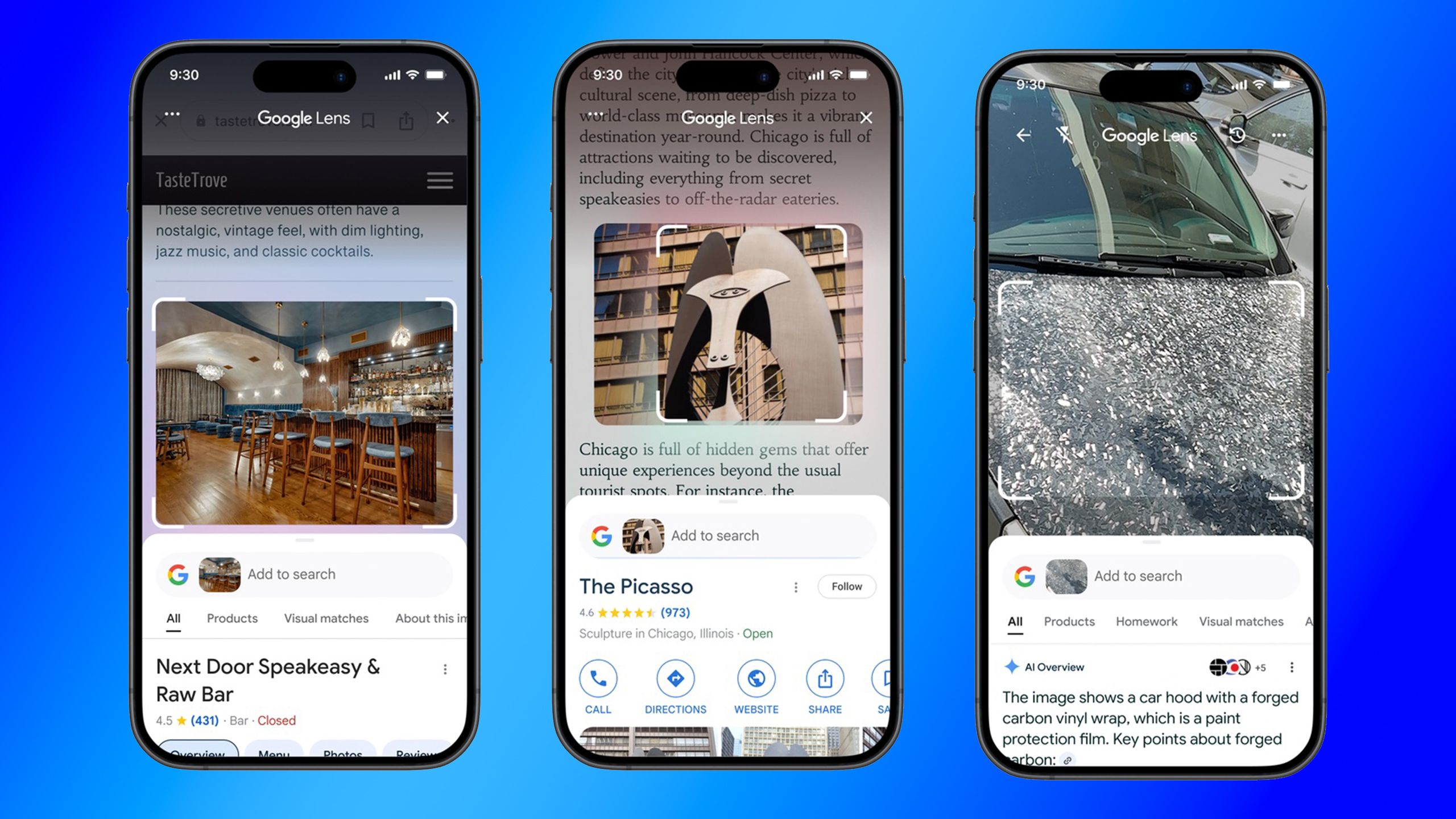 Three screenshots of Google Lens in action. 