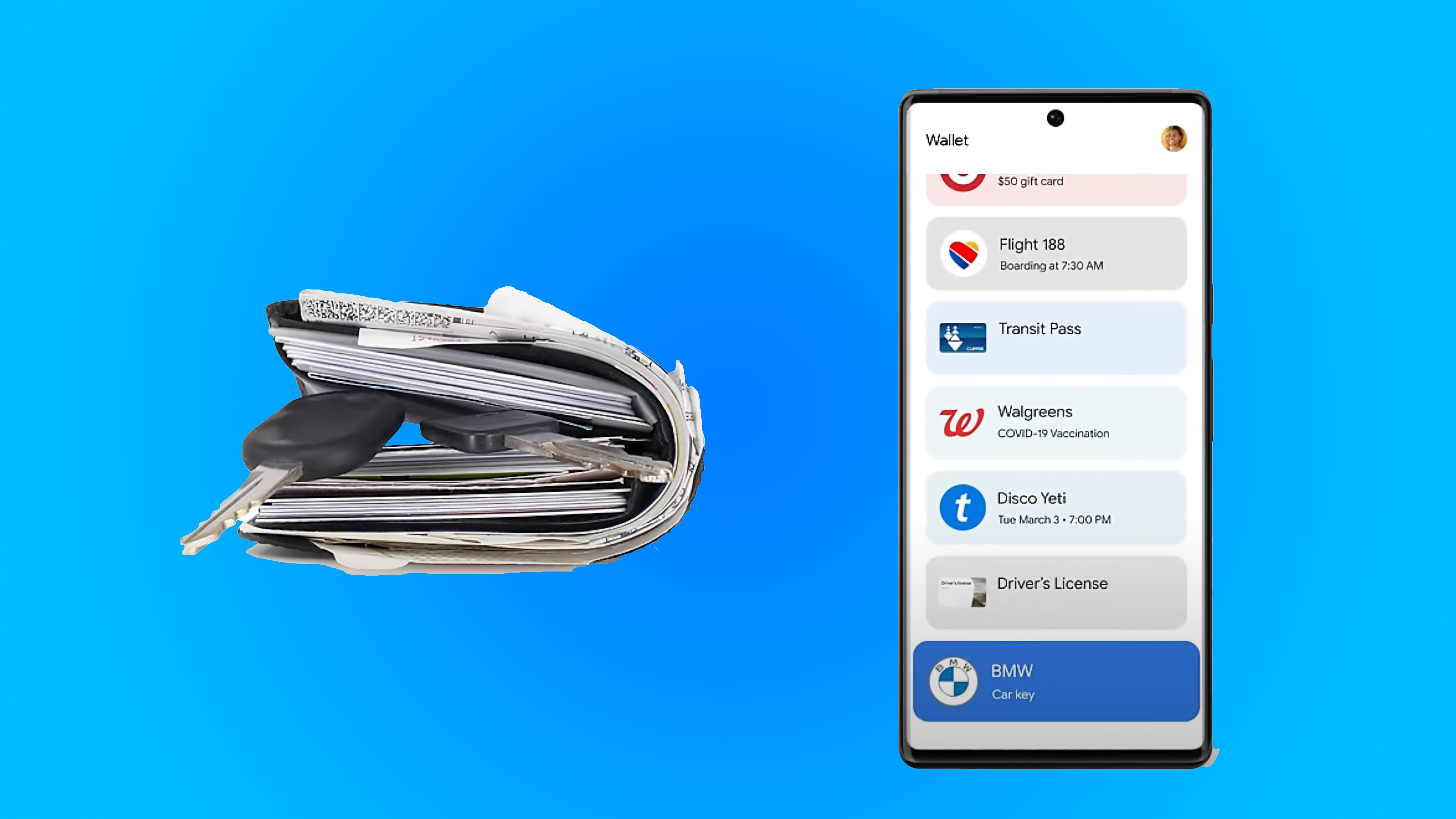 A walled filled with cards and a pair of keys next to an Android phone running Google Wallet.