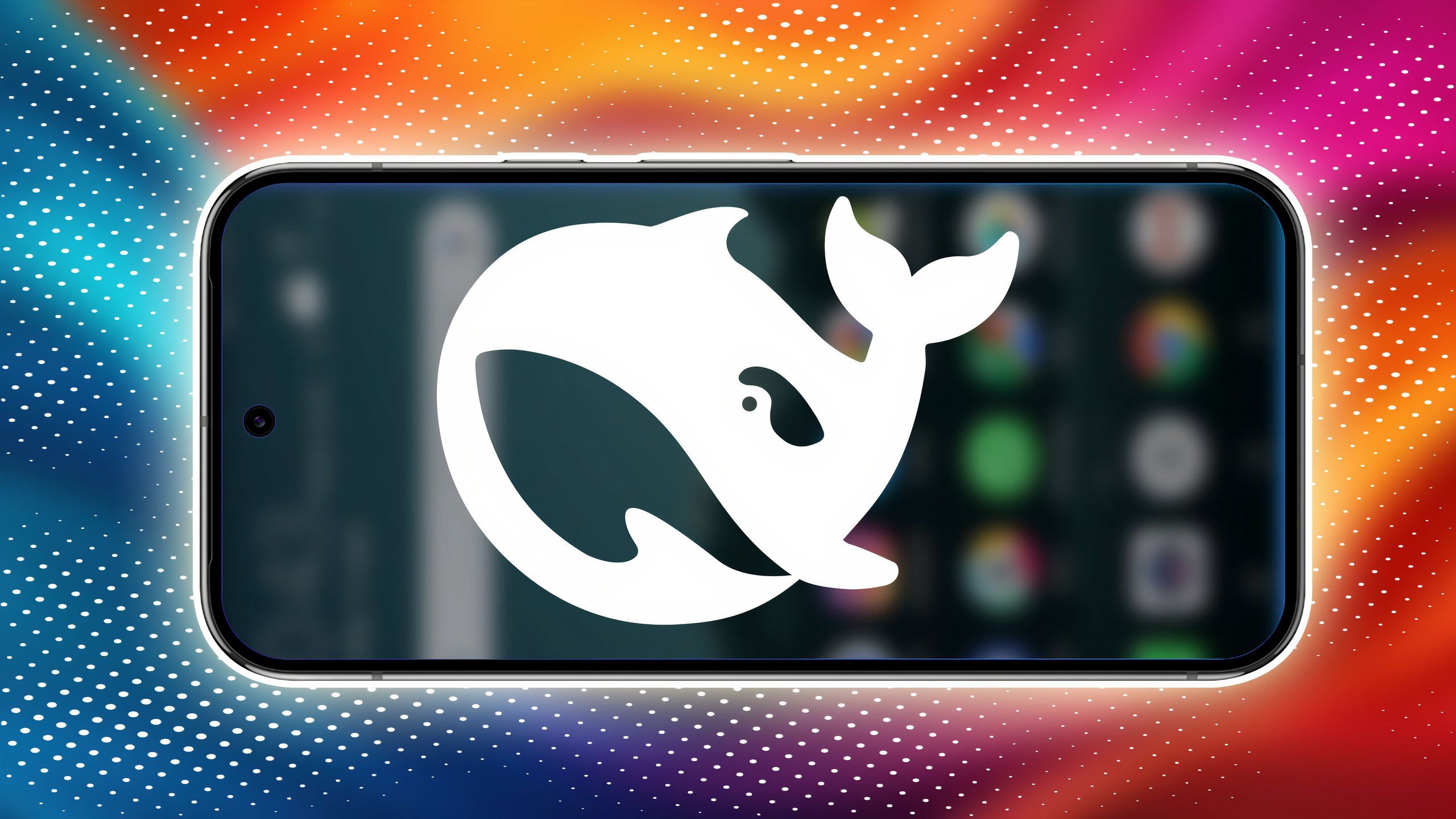 An Android phone showing the DeepSeek whale logo over a multicolored background.