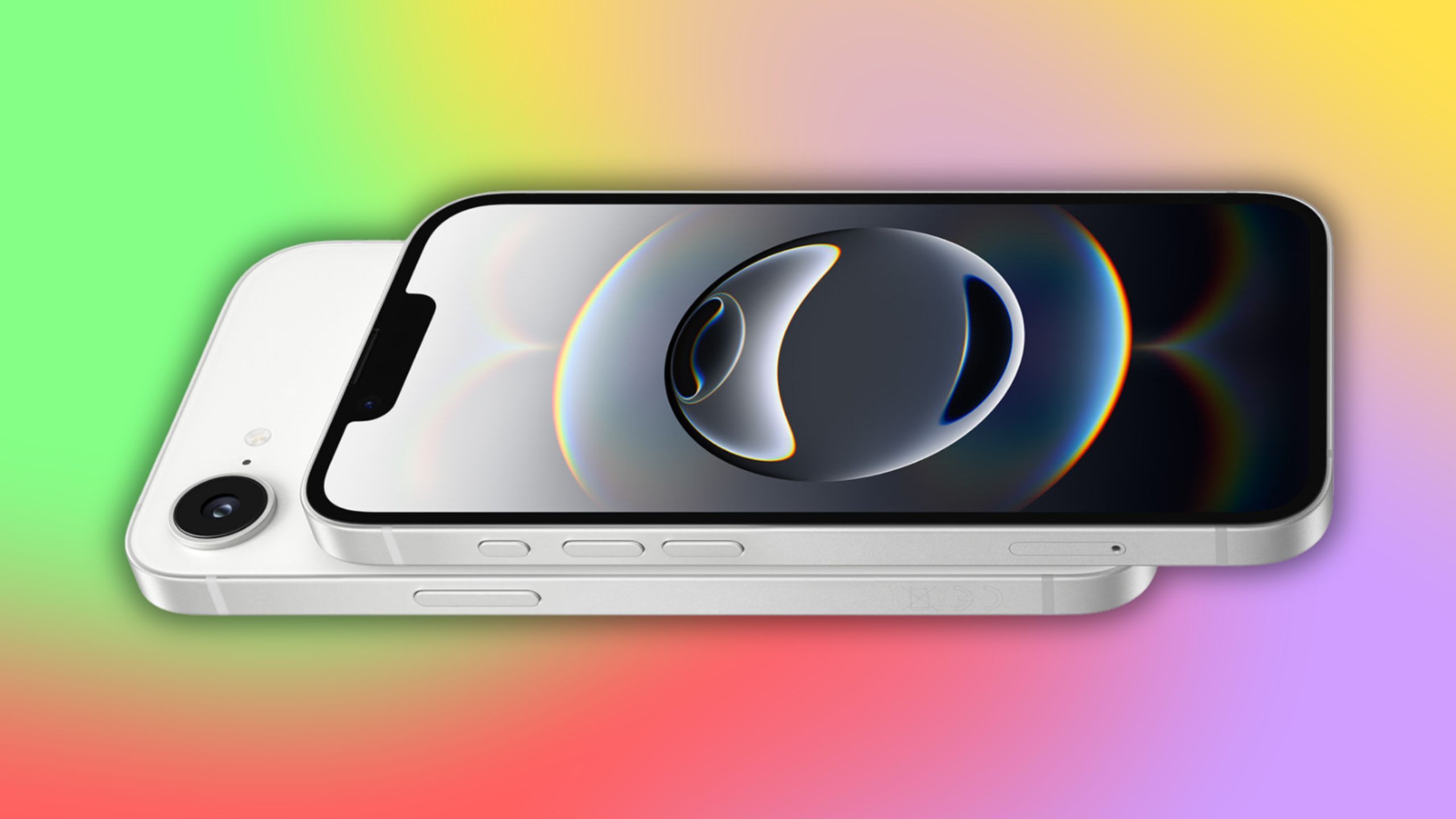 iPhone 16e render on a gradient backdrop. 