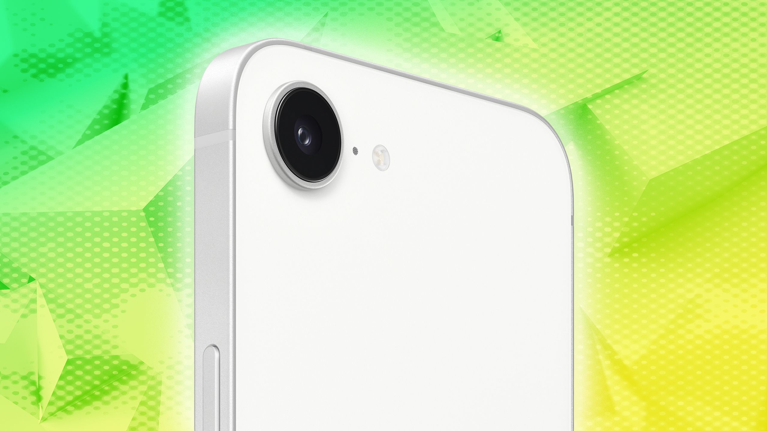 An iPhone 16e camera against a green and yellow background. 