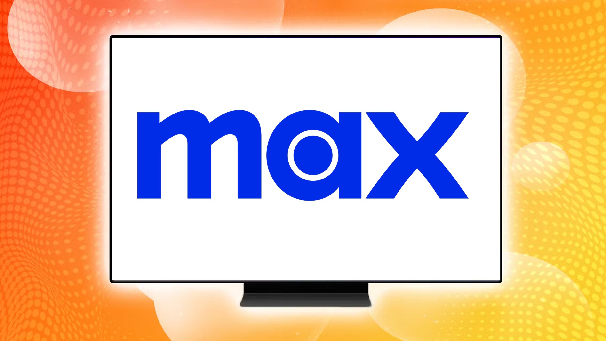 Max streaming service on TV on orange/yellow background.