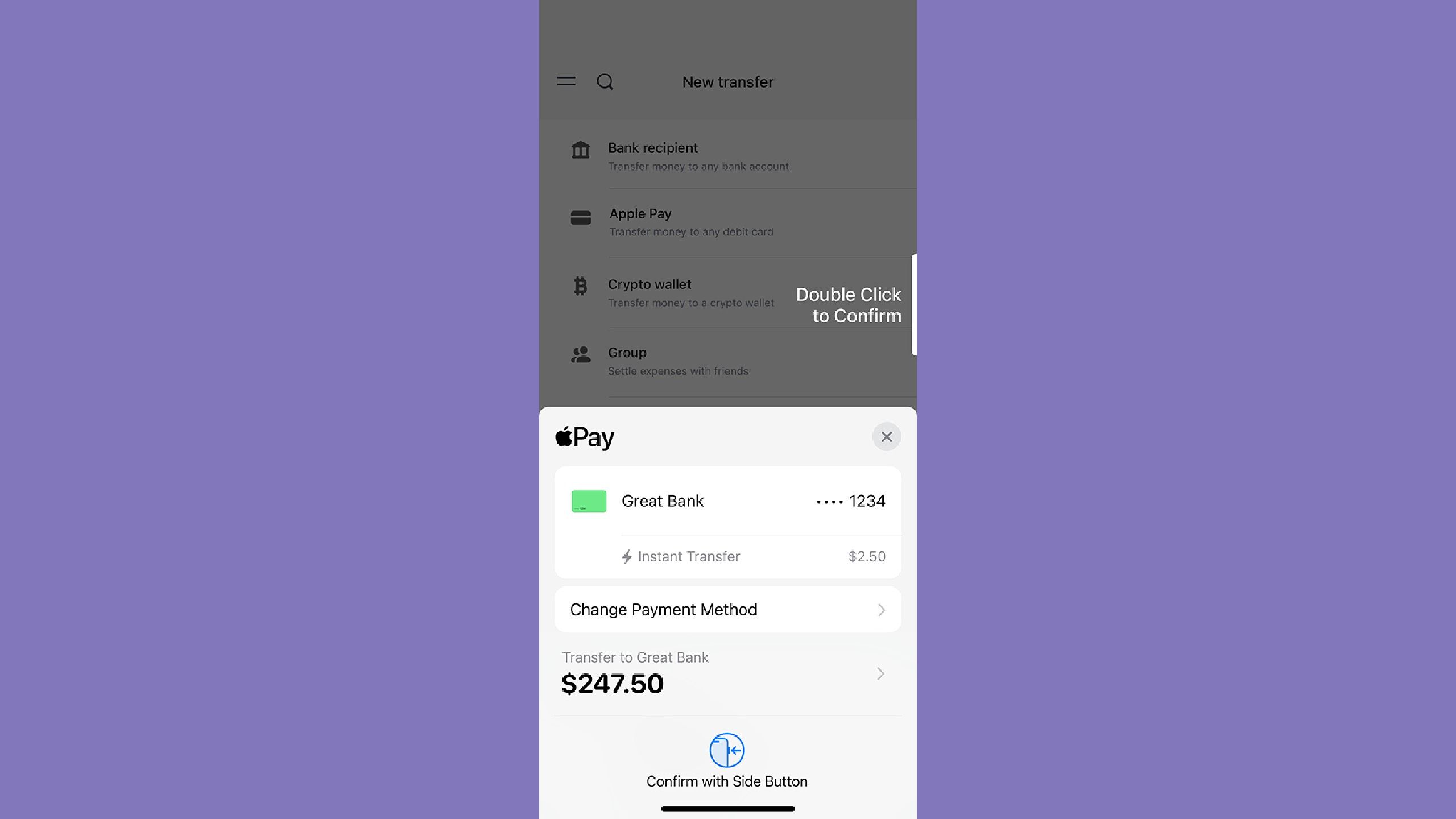 Apple Pay transfer funds screenshot on a purple background. 