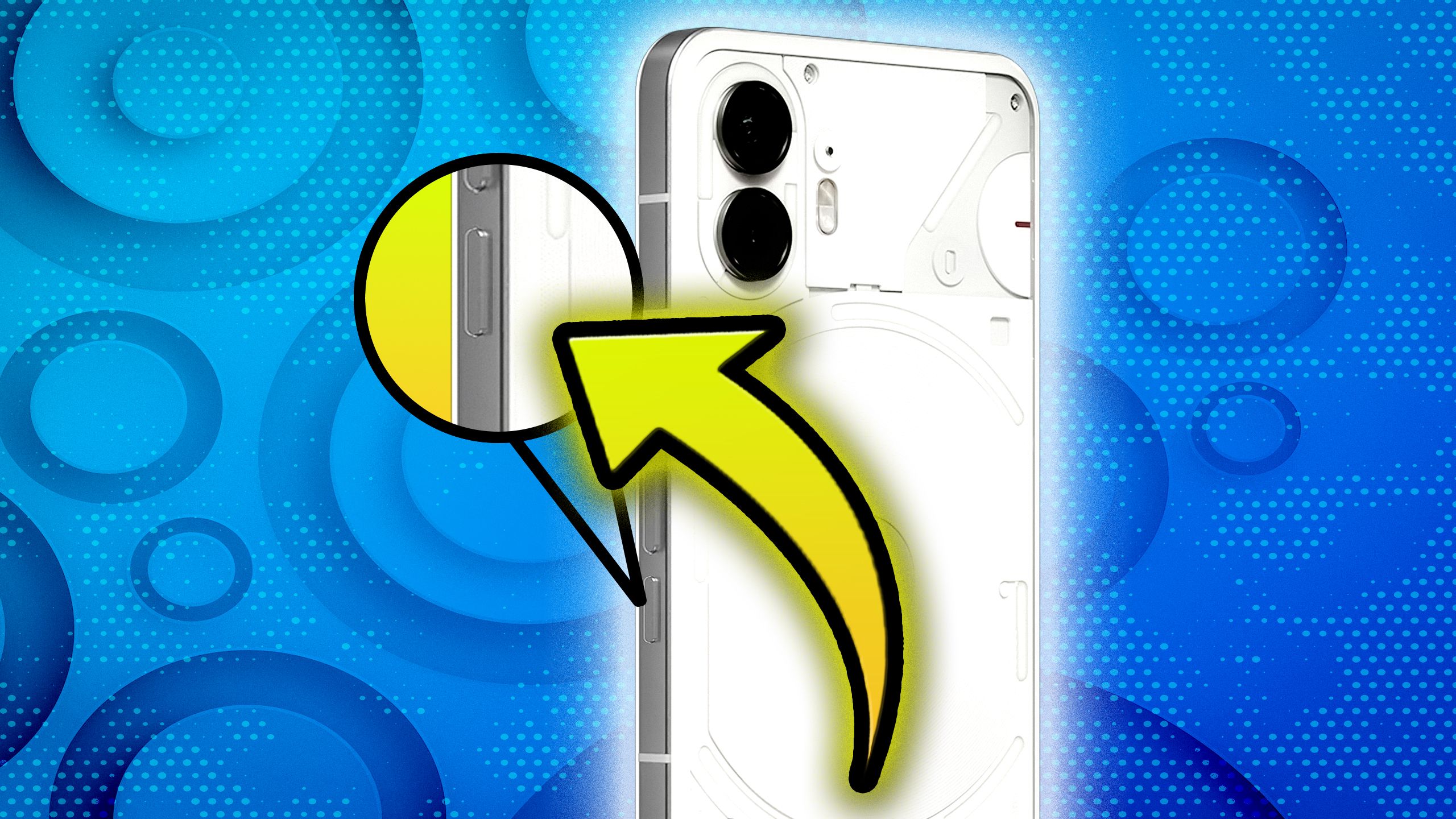 Nothing Phone's action button with an arrow pointing. 