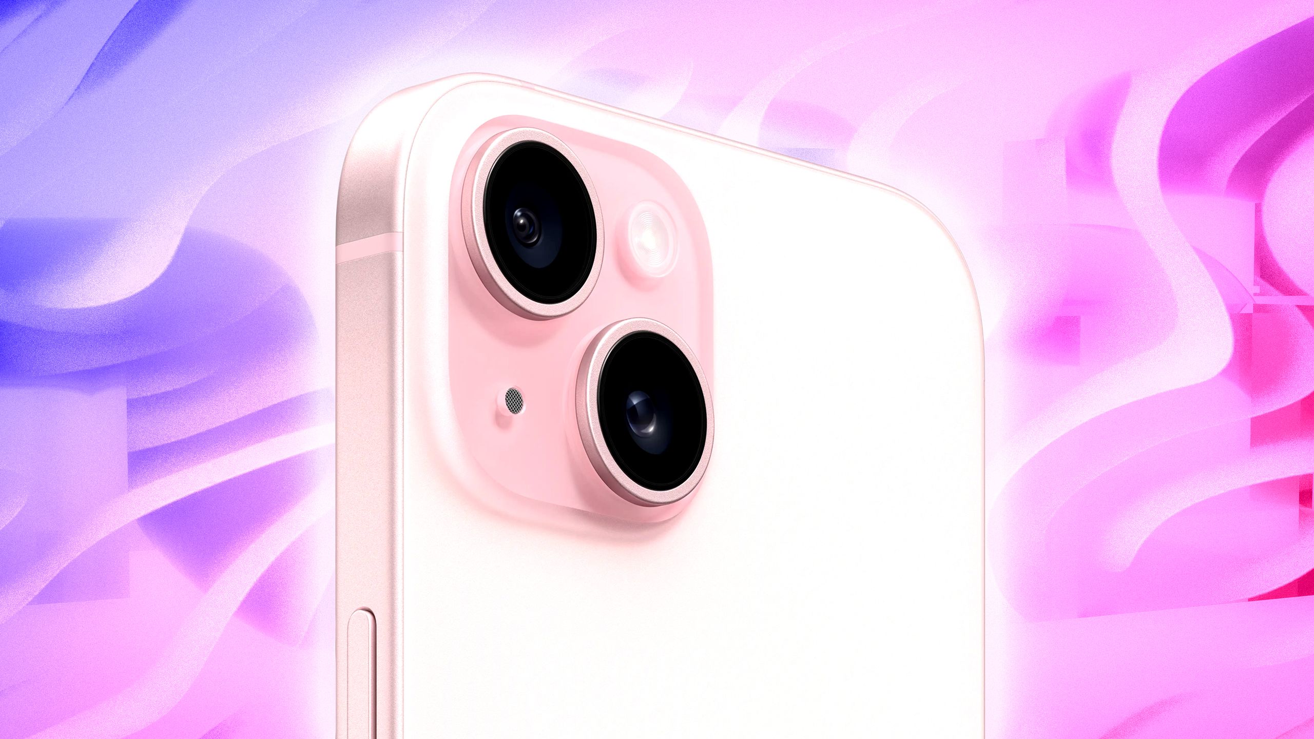 An iPhone against a purple background.