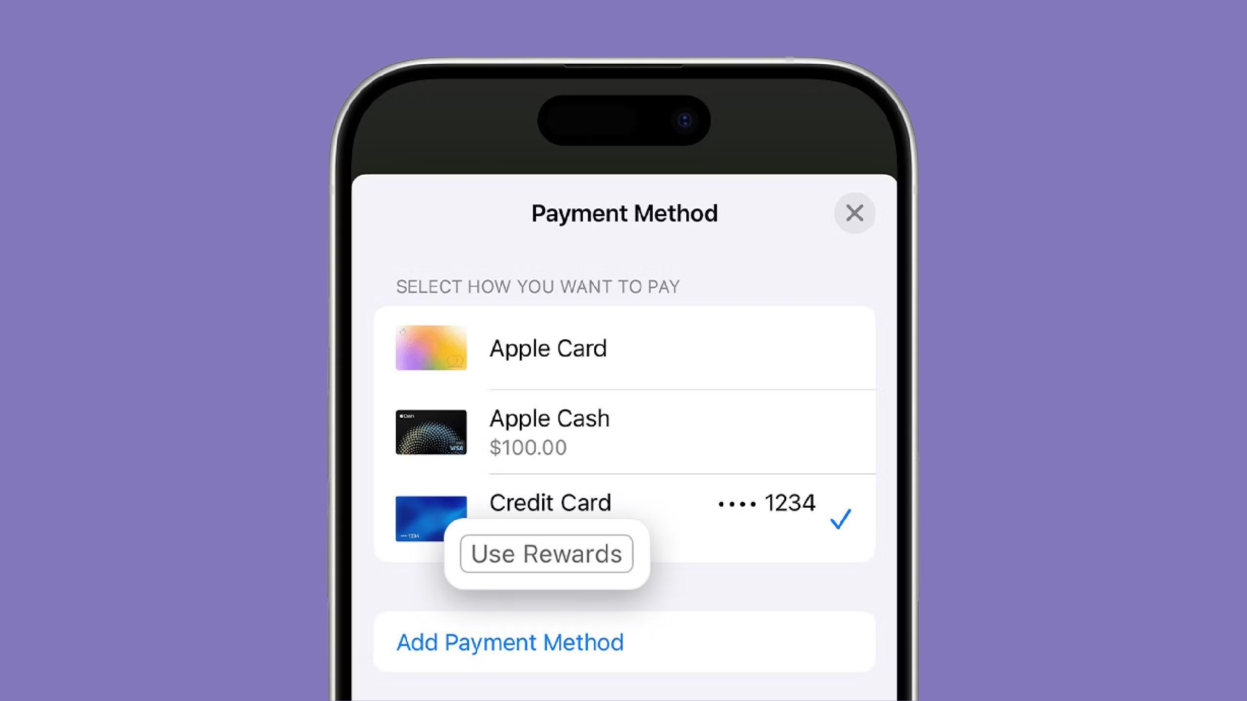 Apple Pay rewards screenshot on a purple background. 