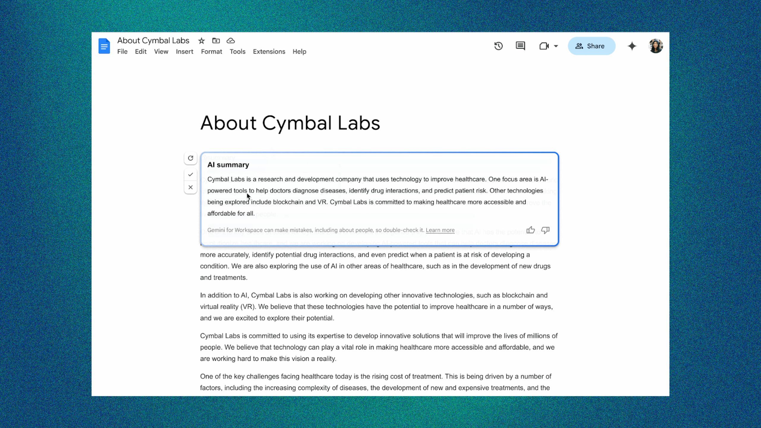 A Google Doc with AI summary building block.