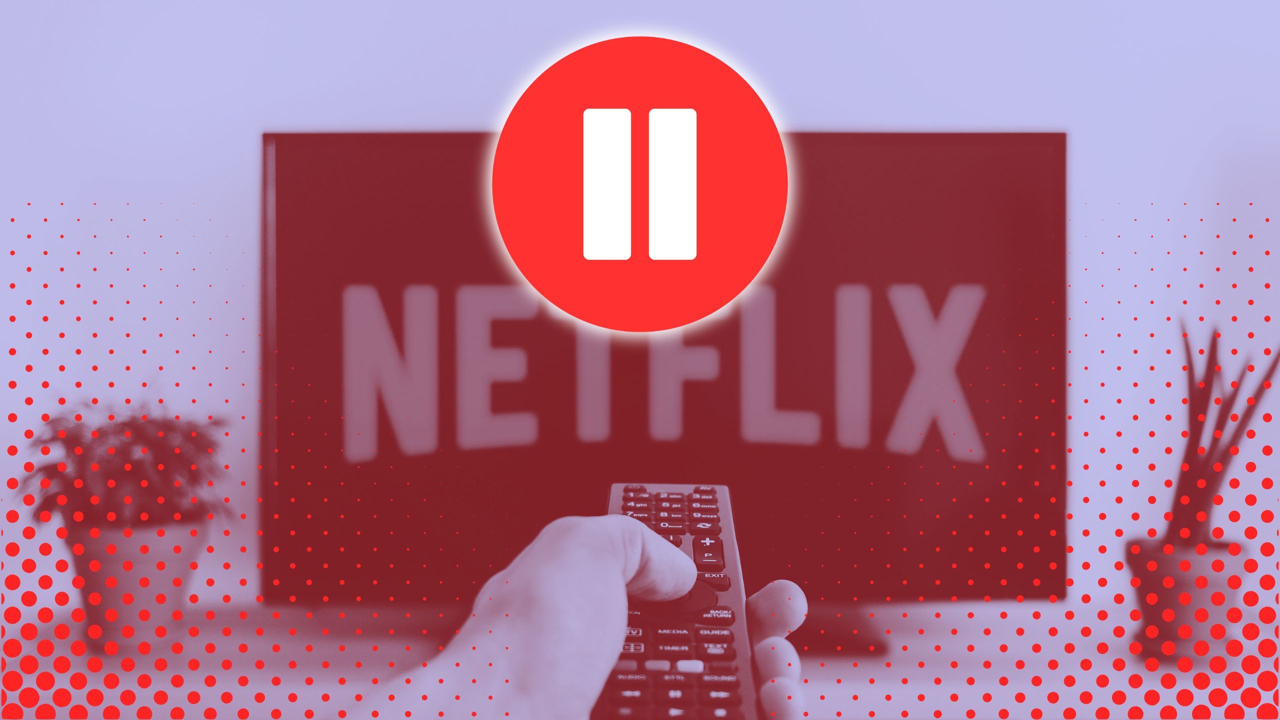 A person pointing a TV remote at a TV with Netflix on it. 