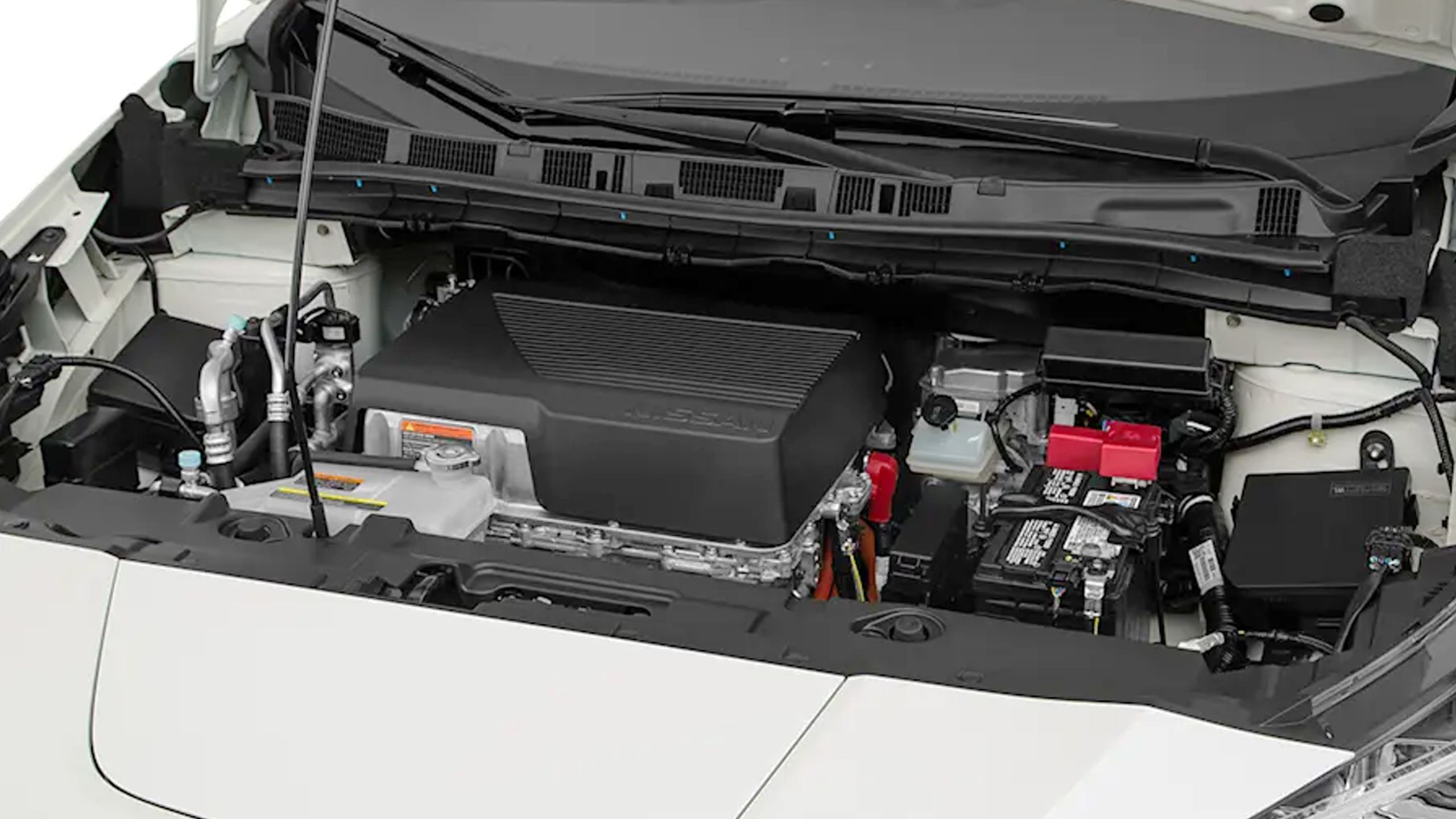 Under the hood of a 2018 Nissan Leaf.