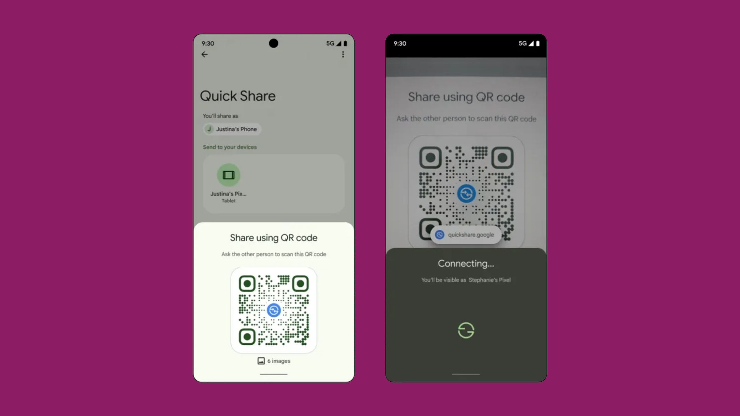 Sharing images using the QR code option in Android Quick Share.