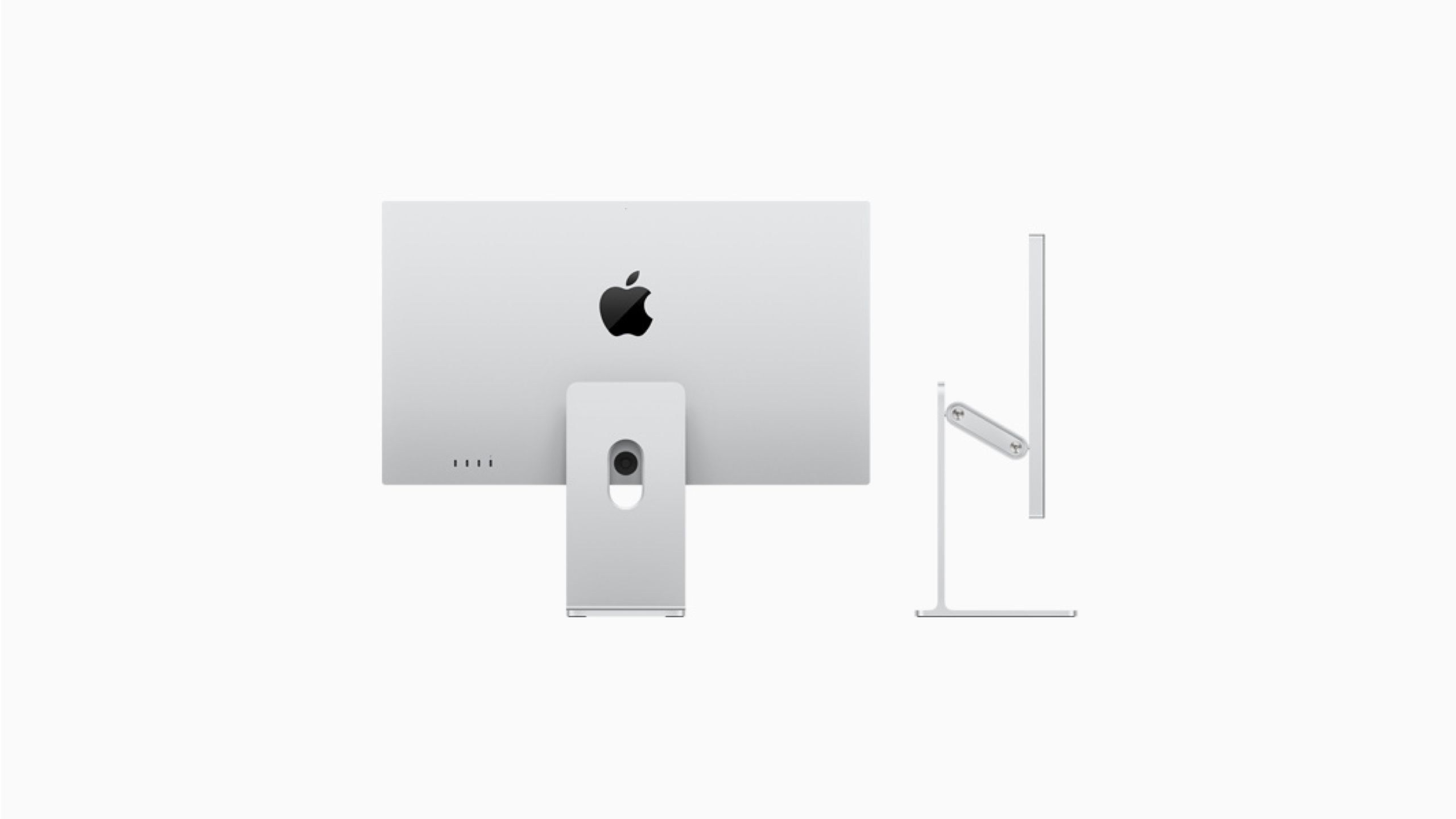 The Apple Studio Display height adjustable stand in read and side views.