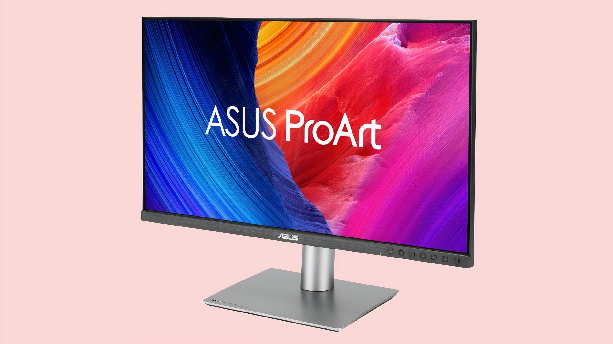 ASUS ProArt Display 27” 5K HDR Professional Monitor on a pink background