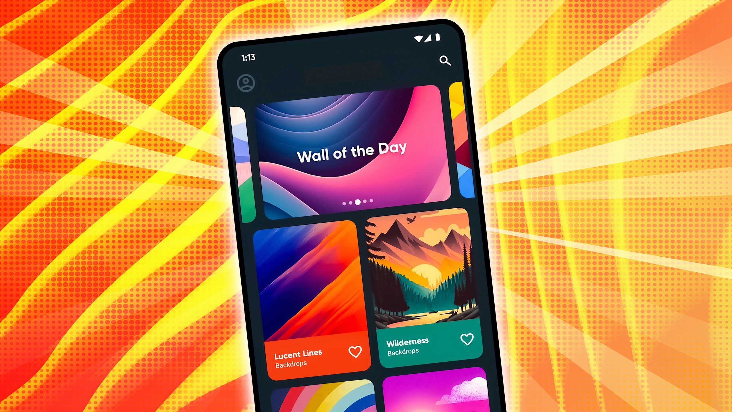 A wallpaper app running on an Android phone over an orange background.