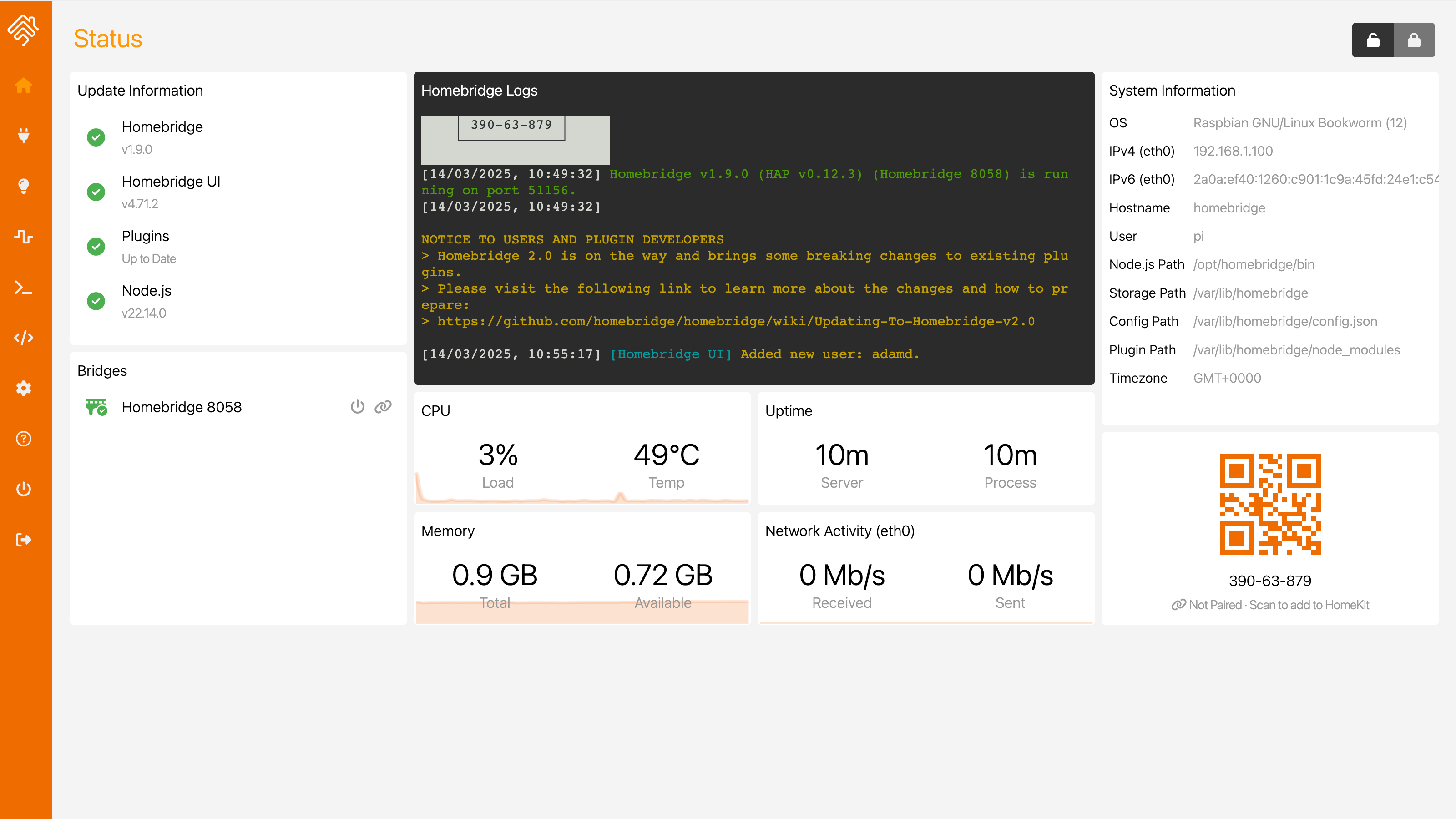 The Homebridge interface home screen in a browser.