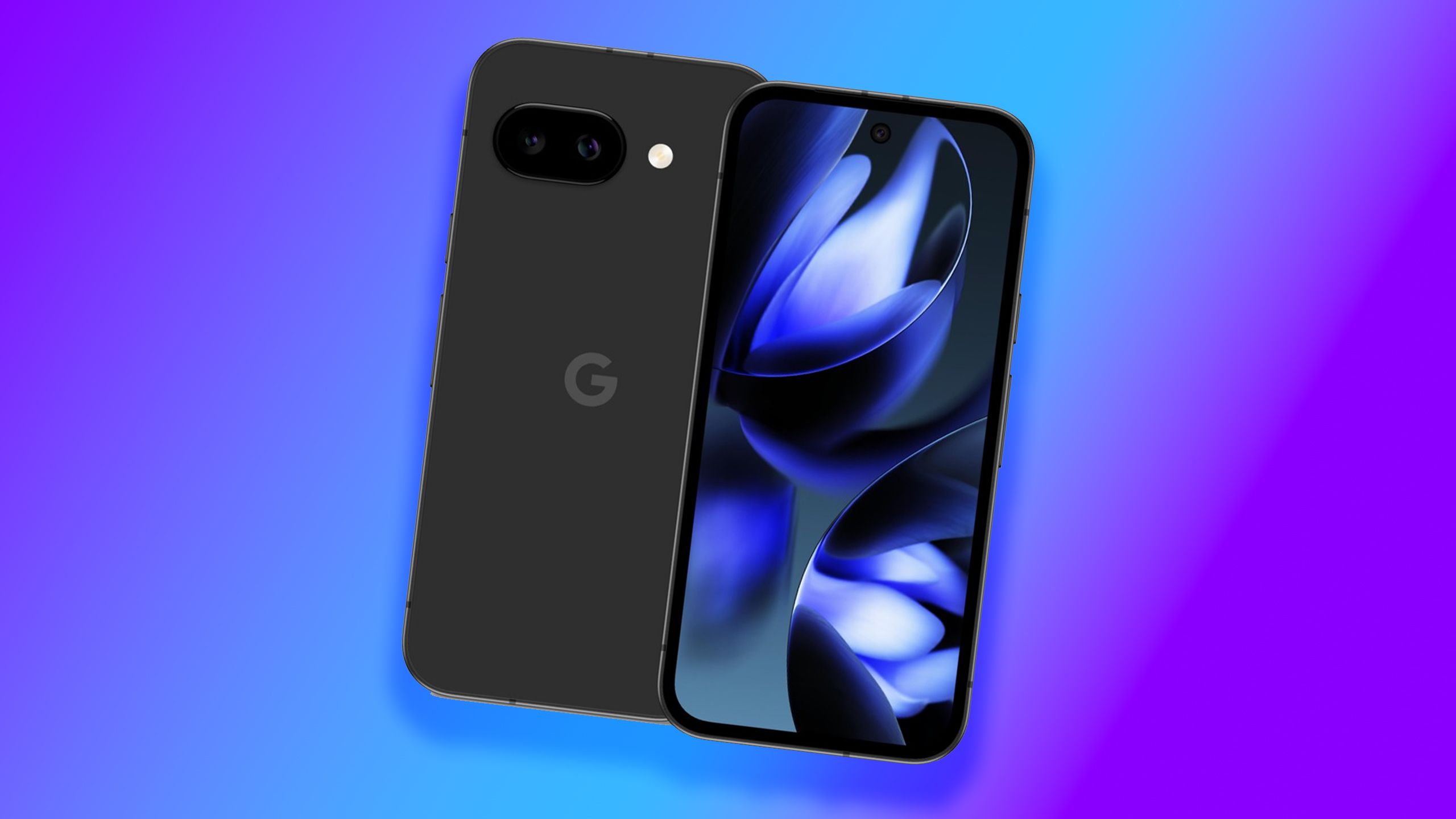 Google Pixel 9a на синьому/фіолетовому тлі.