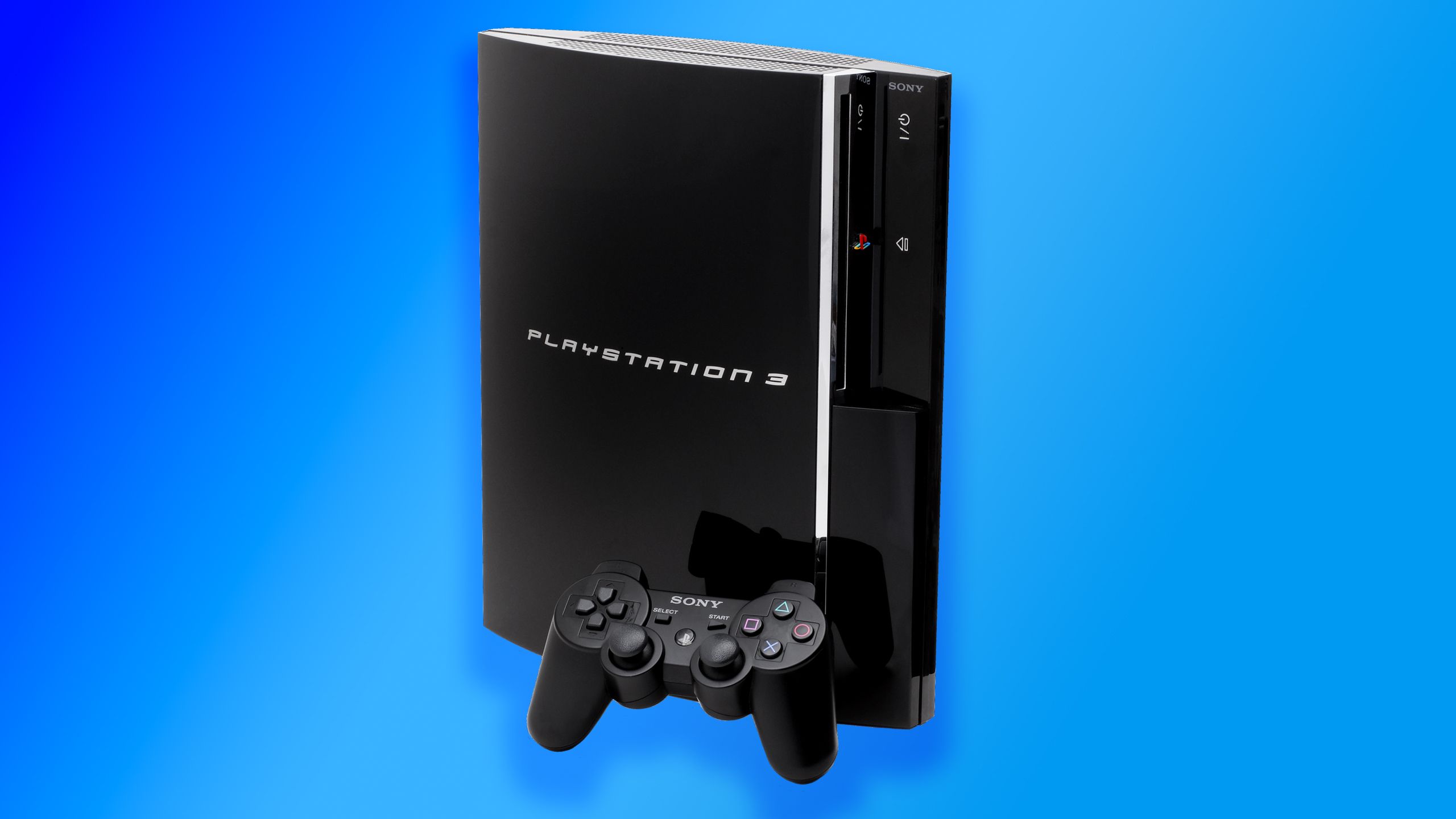 Sony PlayStation 3 on blue background.