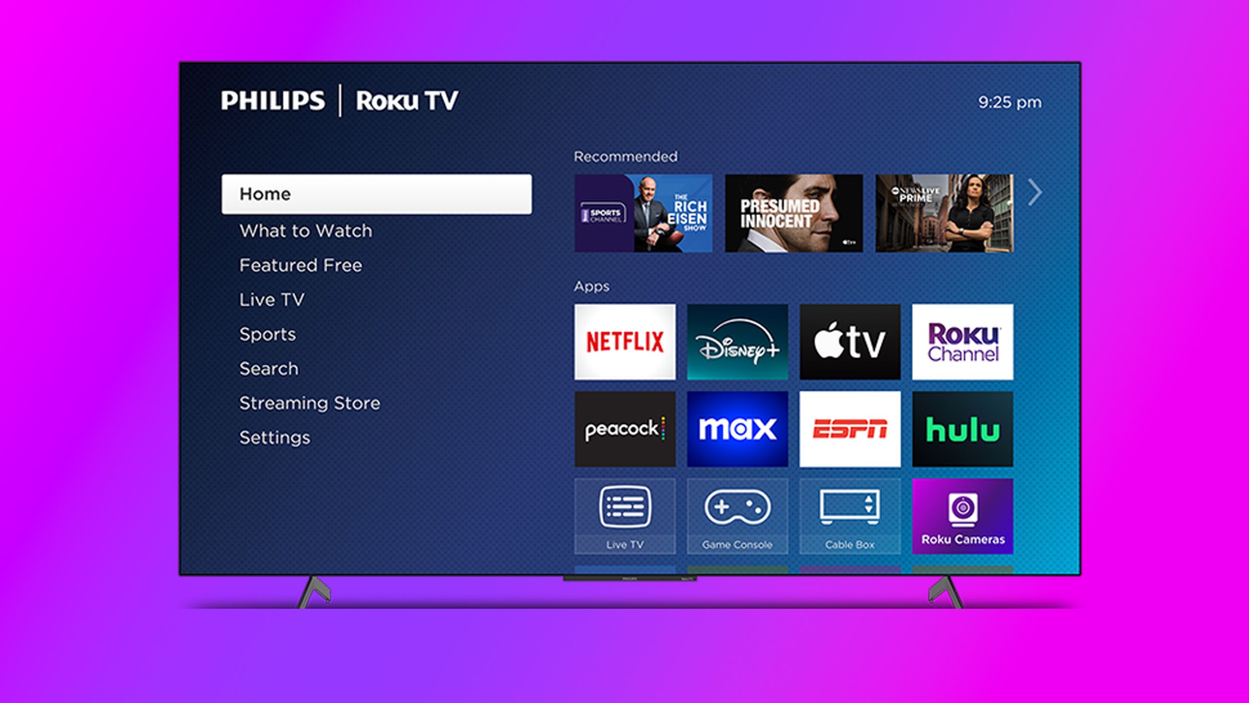 Philips Roku TV on purple background.