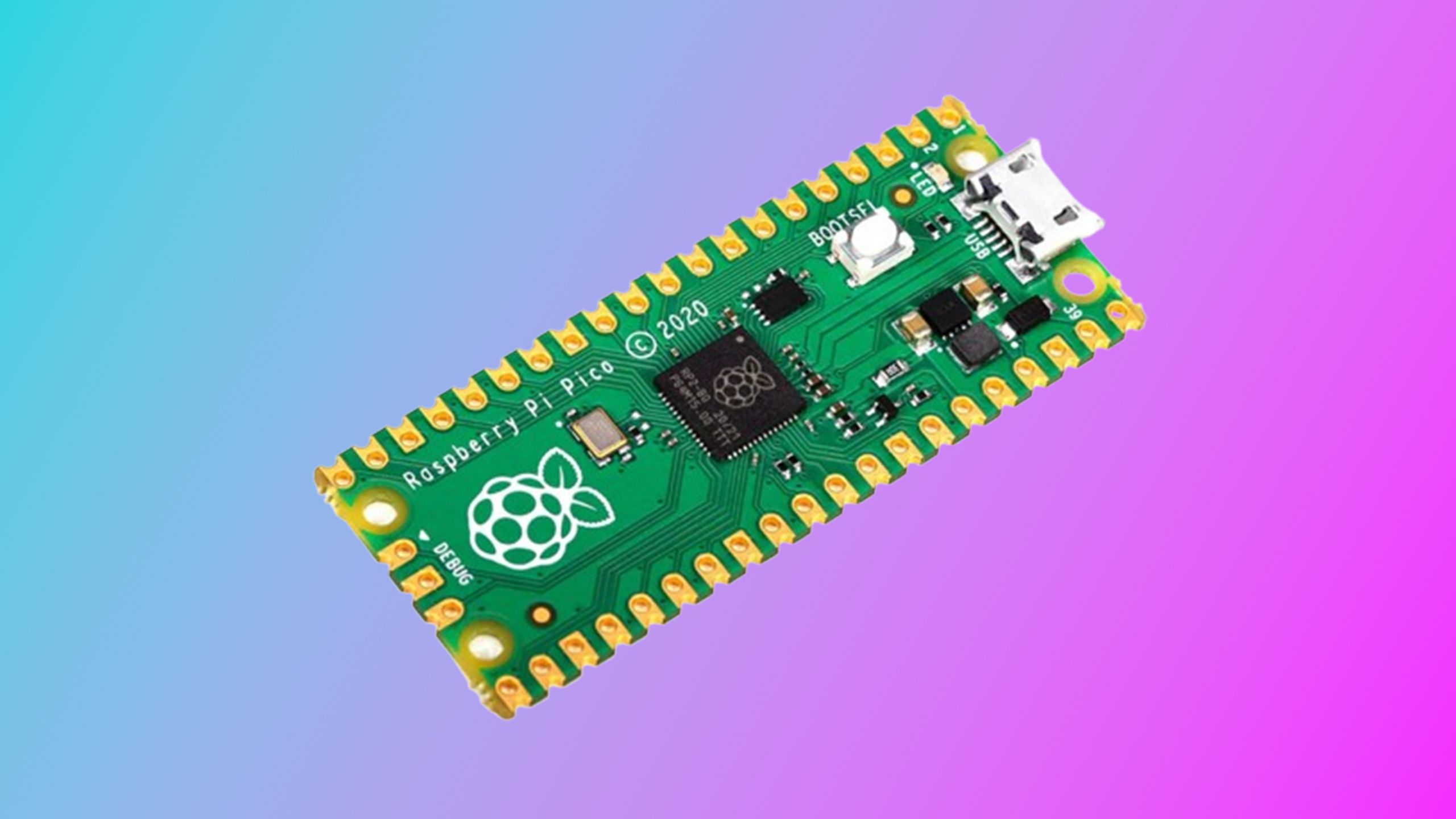 The Raspberry Pi Pico on a colored background.