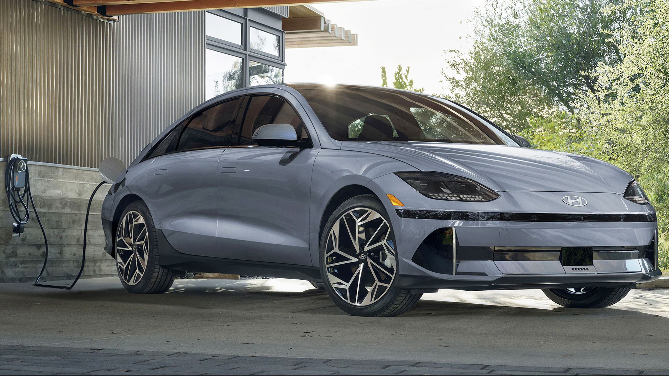 The 2025 Hyundai Ioniq 6 plugged into a home charger.