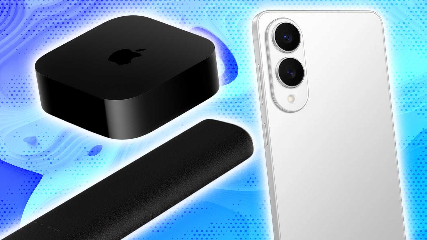 An Apple TV, soundbar, and iPhone.