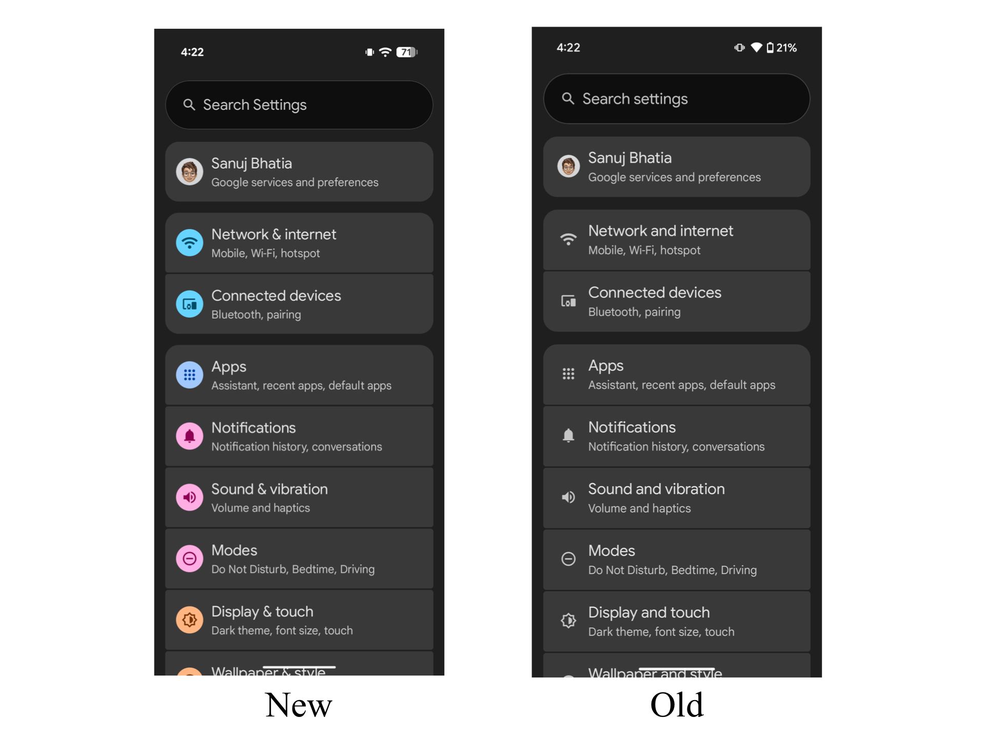 Settings app on Android 16 vs Android 15