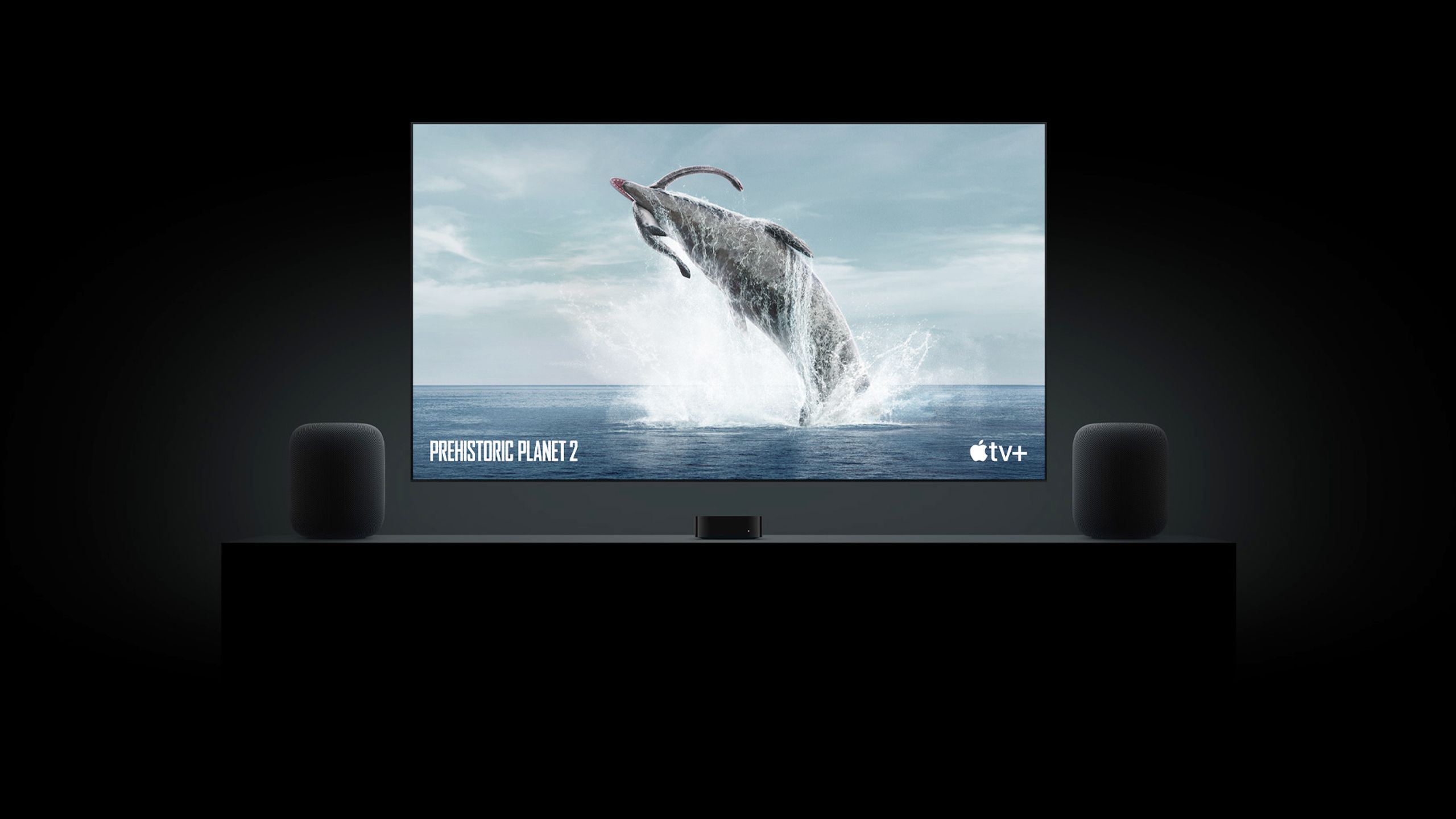 A pair of HomePods paired to an Apple TV 4K streaming Apple TV+.
