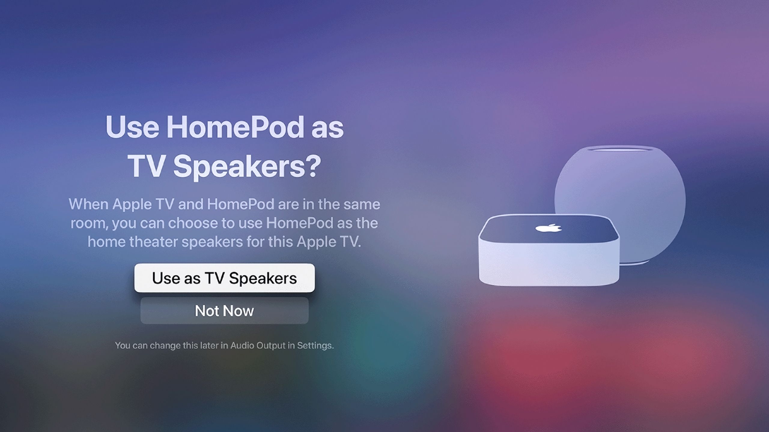An Apple TV prompt to use a HomePod as a TV speaker.