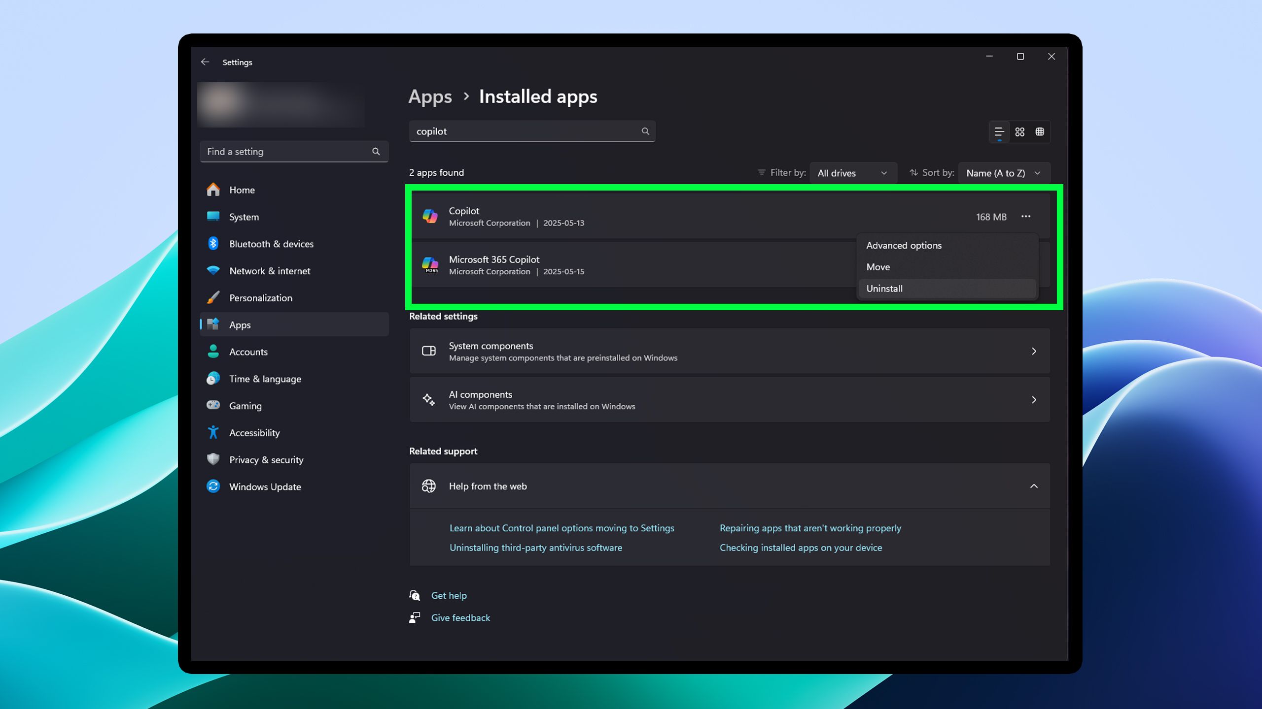 Uninstalling Copilot Windows 11.
