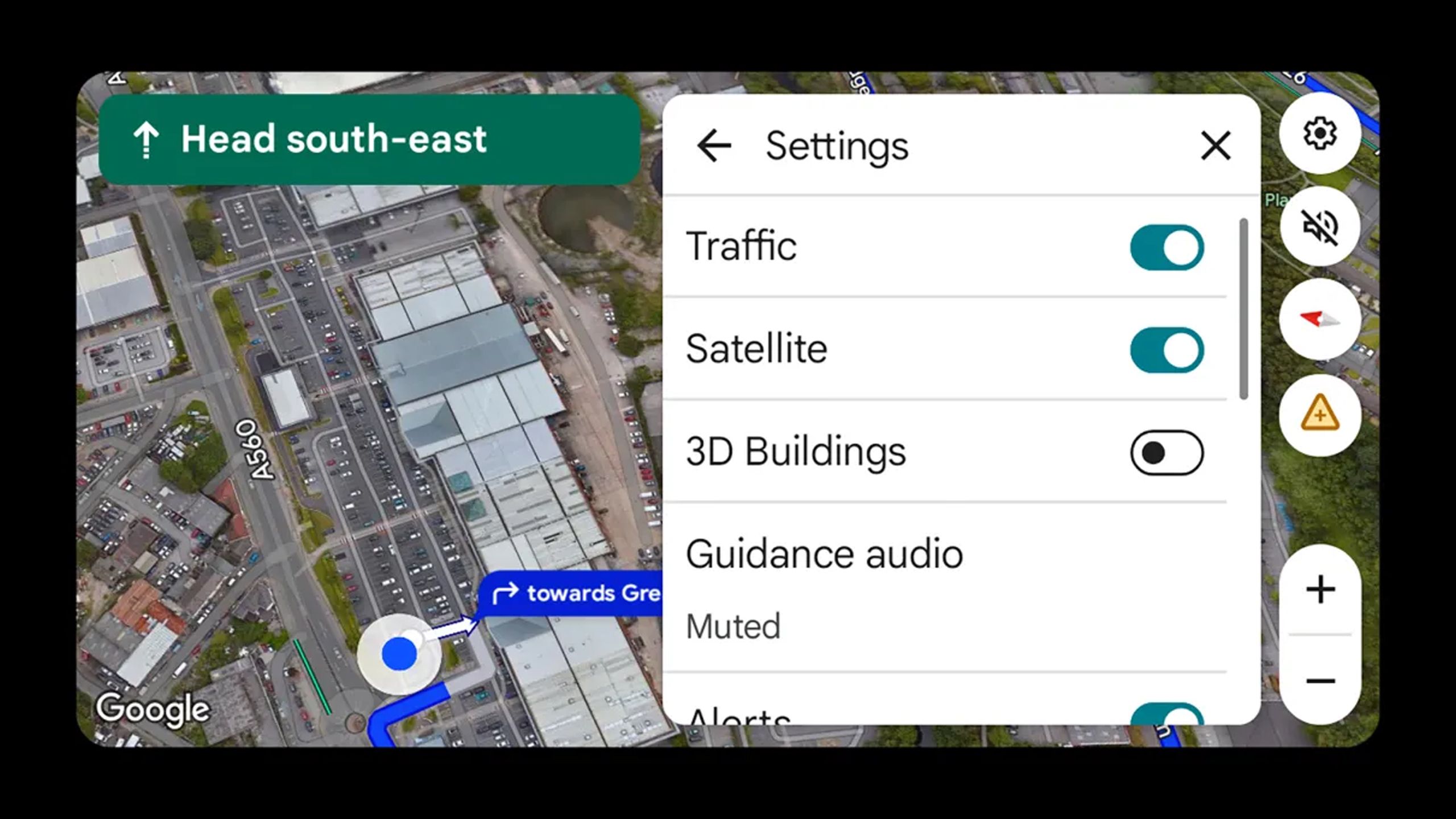 In-car settings options for Google Maps.