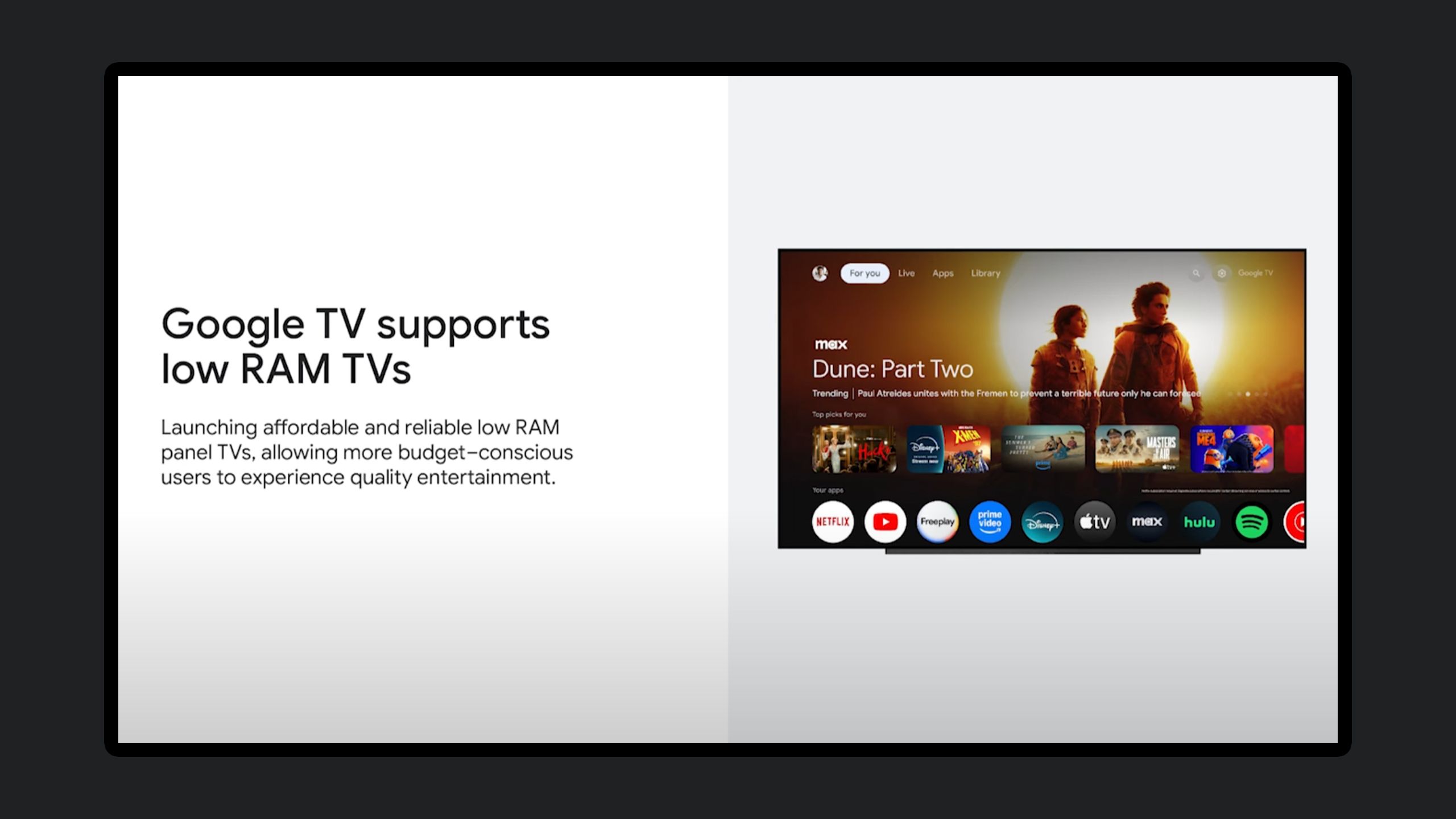 Google TV low RAM slide from I/O 2025.