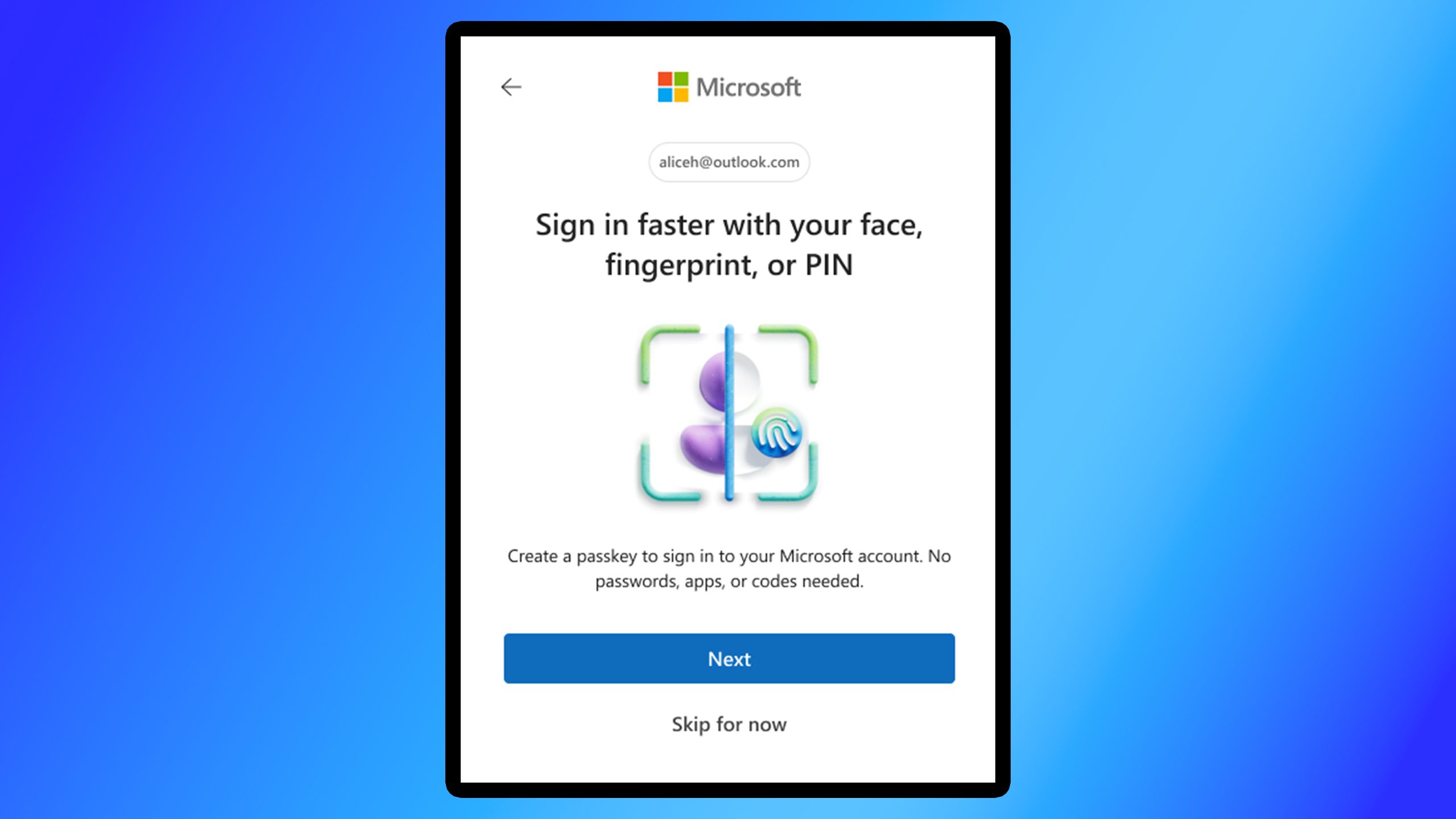 Microsoft Passkey setup menu.