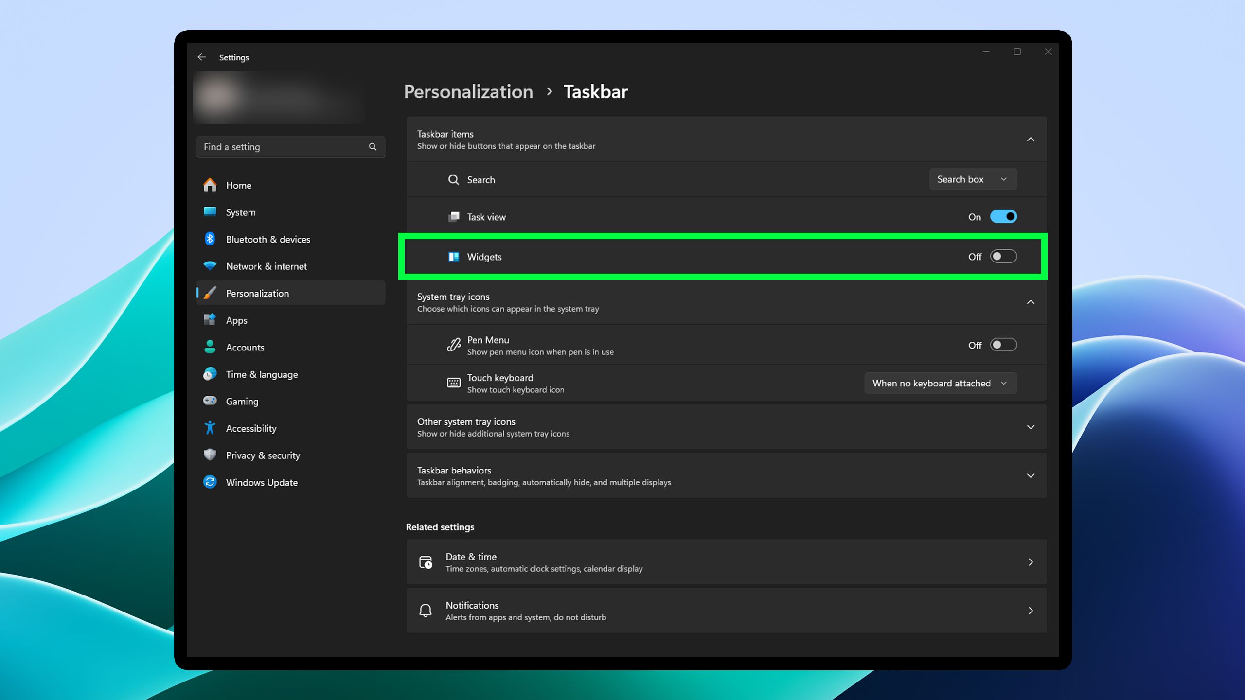 Widget settings Windows 11.