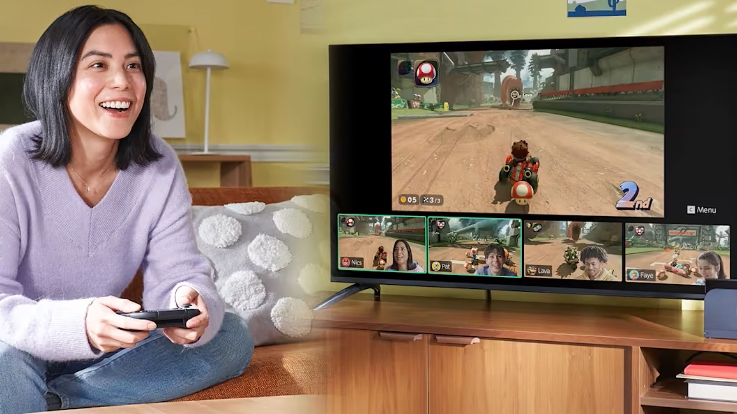 A model using GameChat on a Nintendo Switch 2.