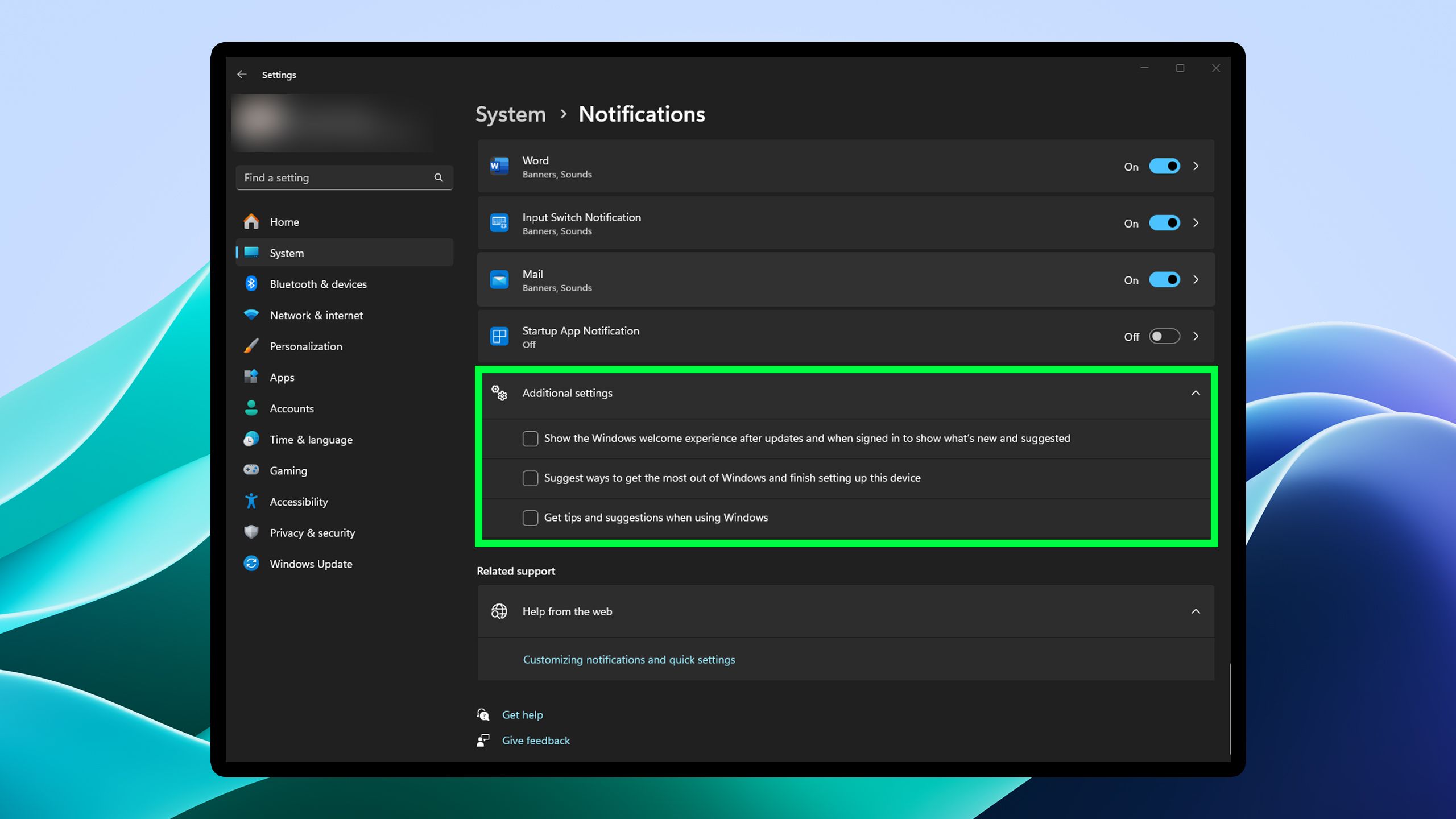 Notification settings Windows 11.