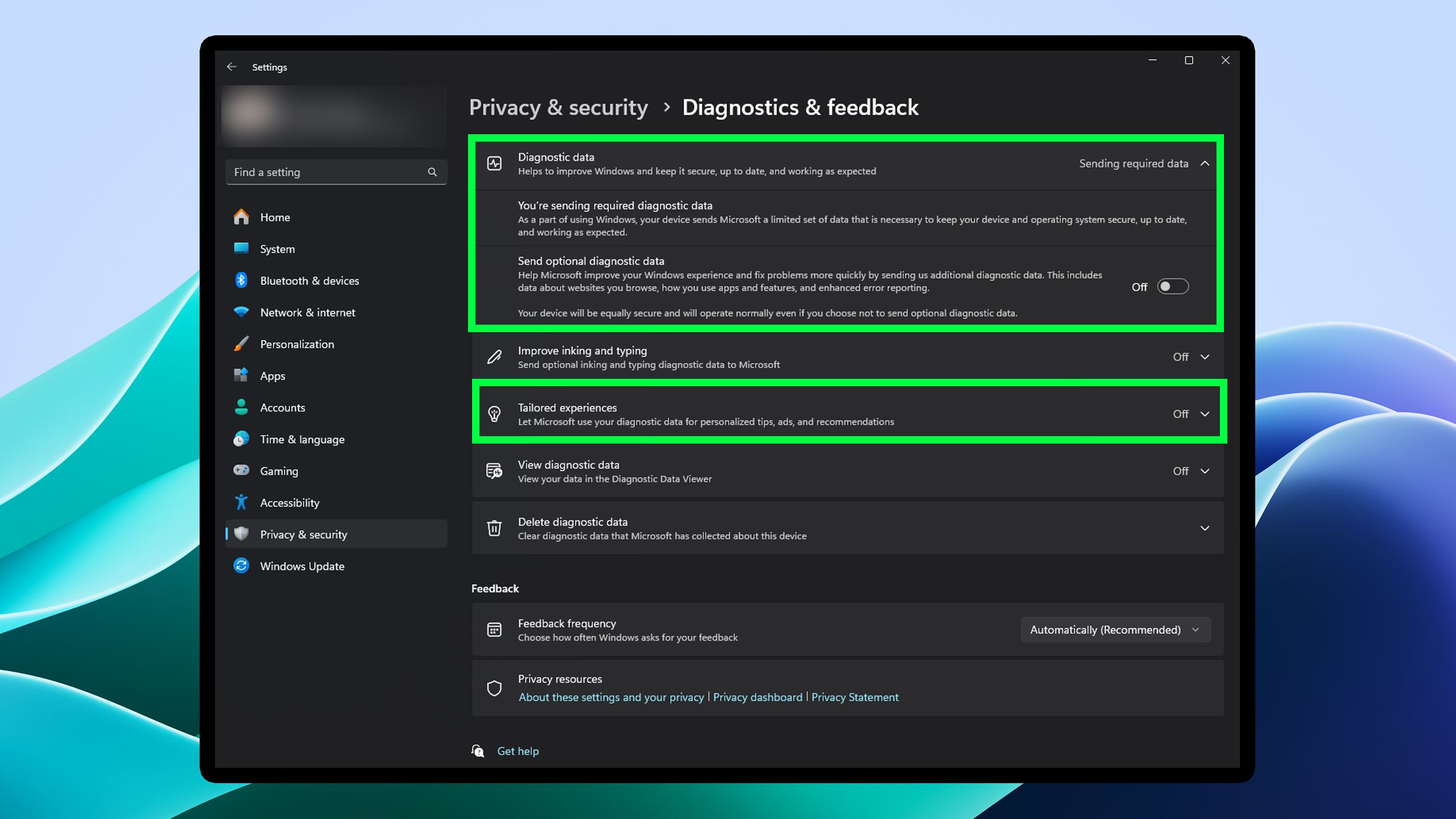 Windows 11 privacy settings.