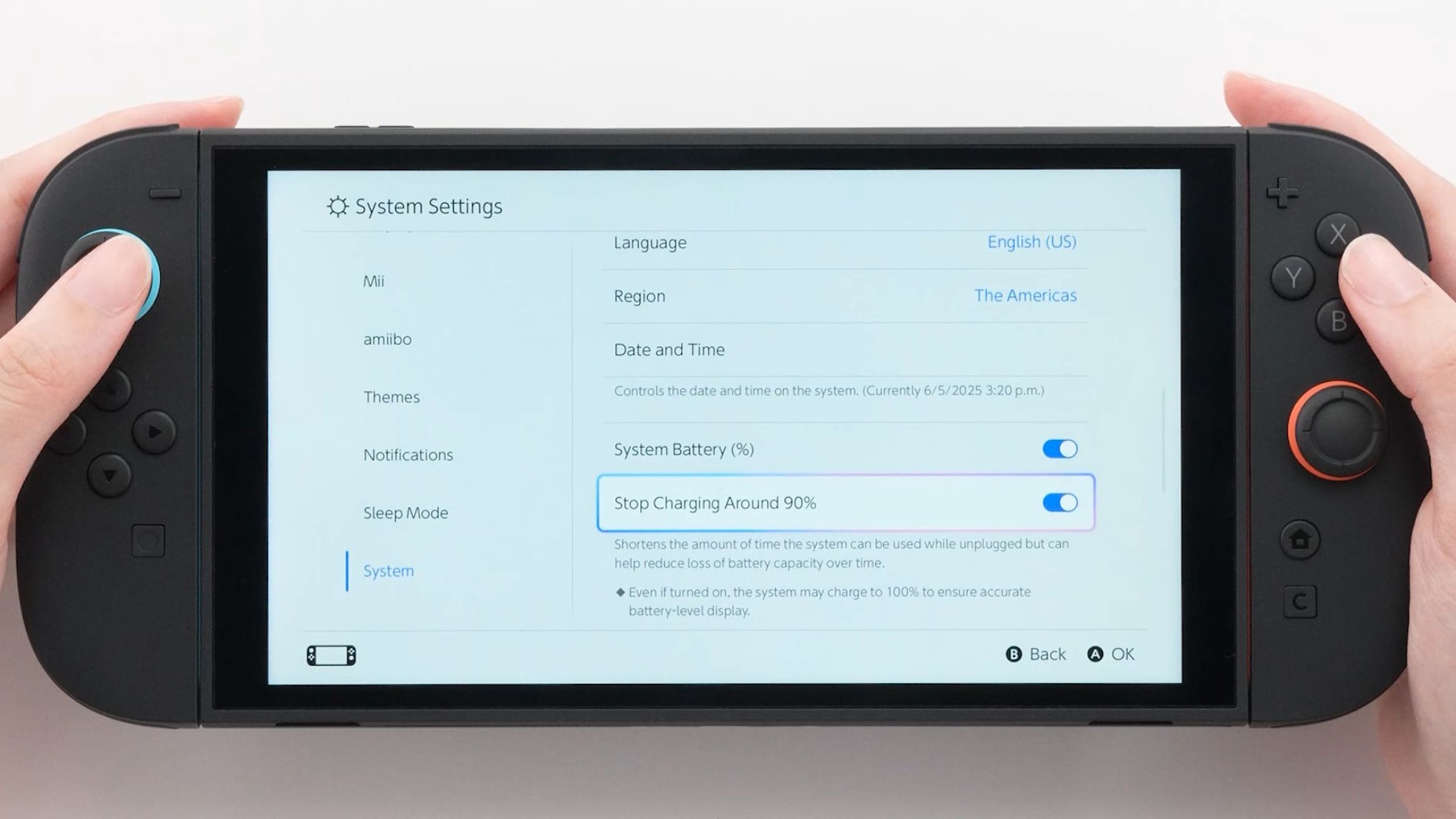 Switch 2 battery setting in menu.