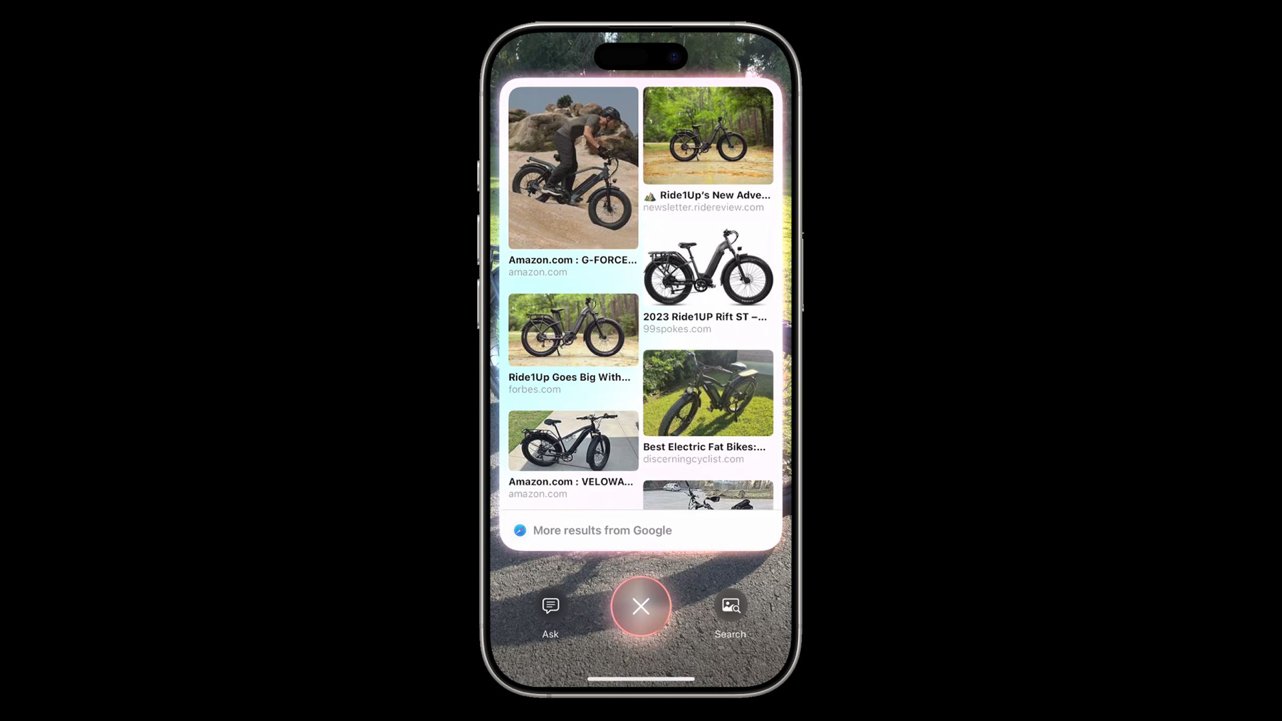 Visual Intelligence showing Google Search results for an e-bike.
