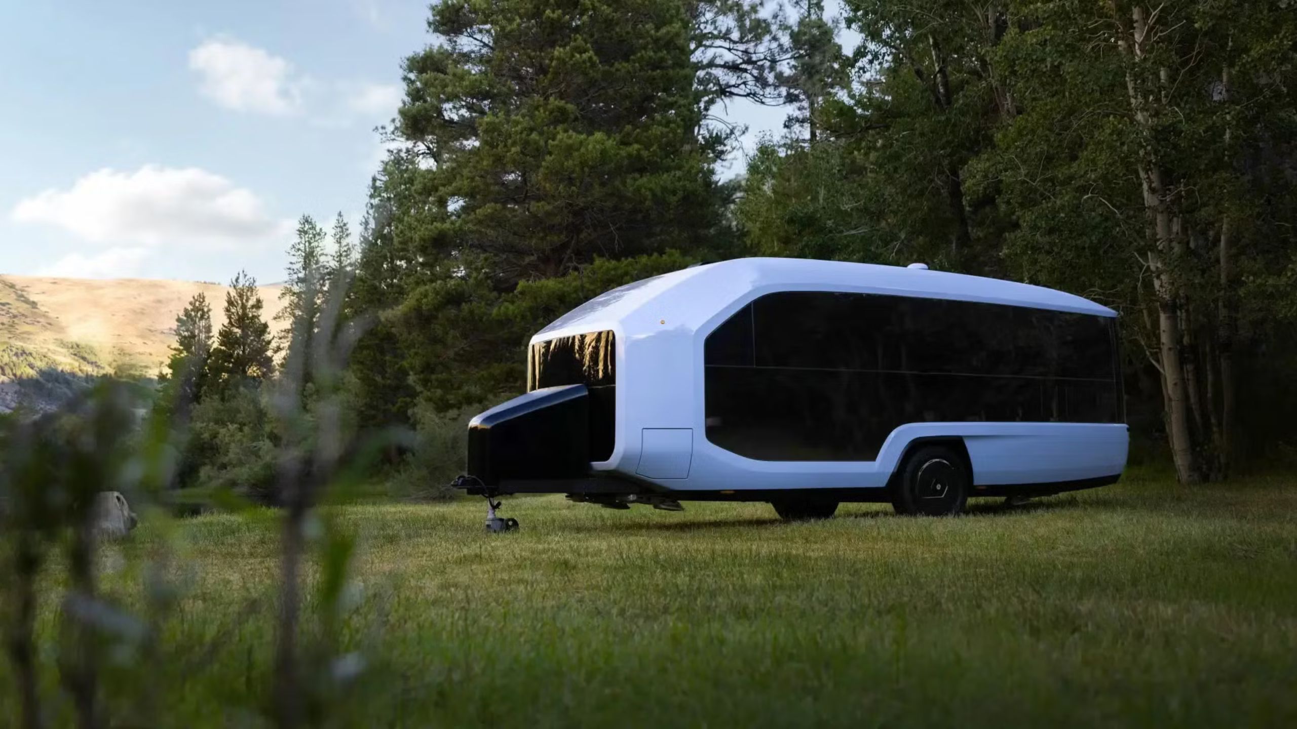 A Pebble Trailer set up in the wilderness. 
