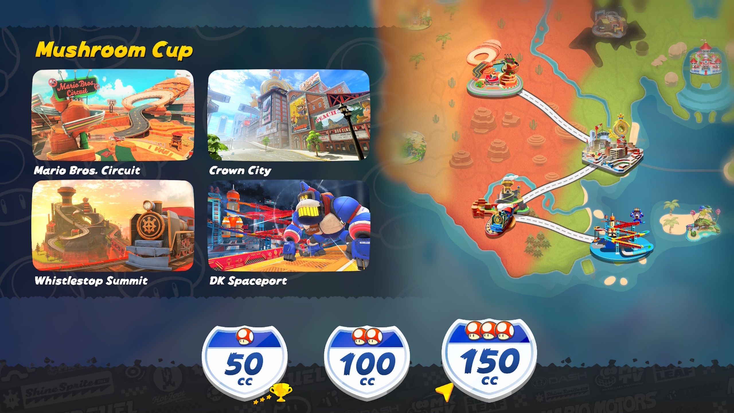50cc, 100cc, and 150cc options in Mario Kart World.
