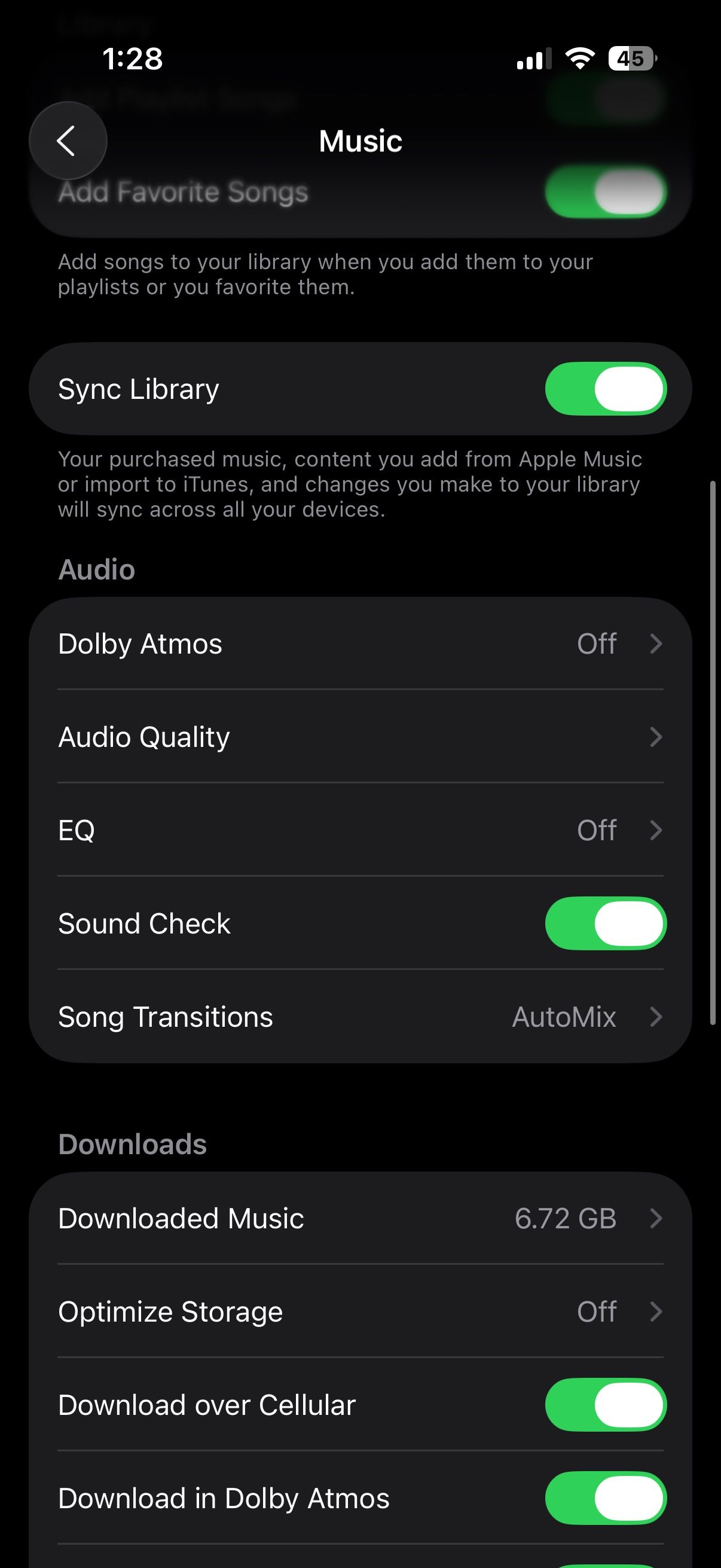 Different Apple Music settings including Dolby Atmos, EQ, and Library syncing