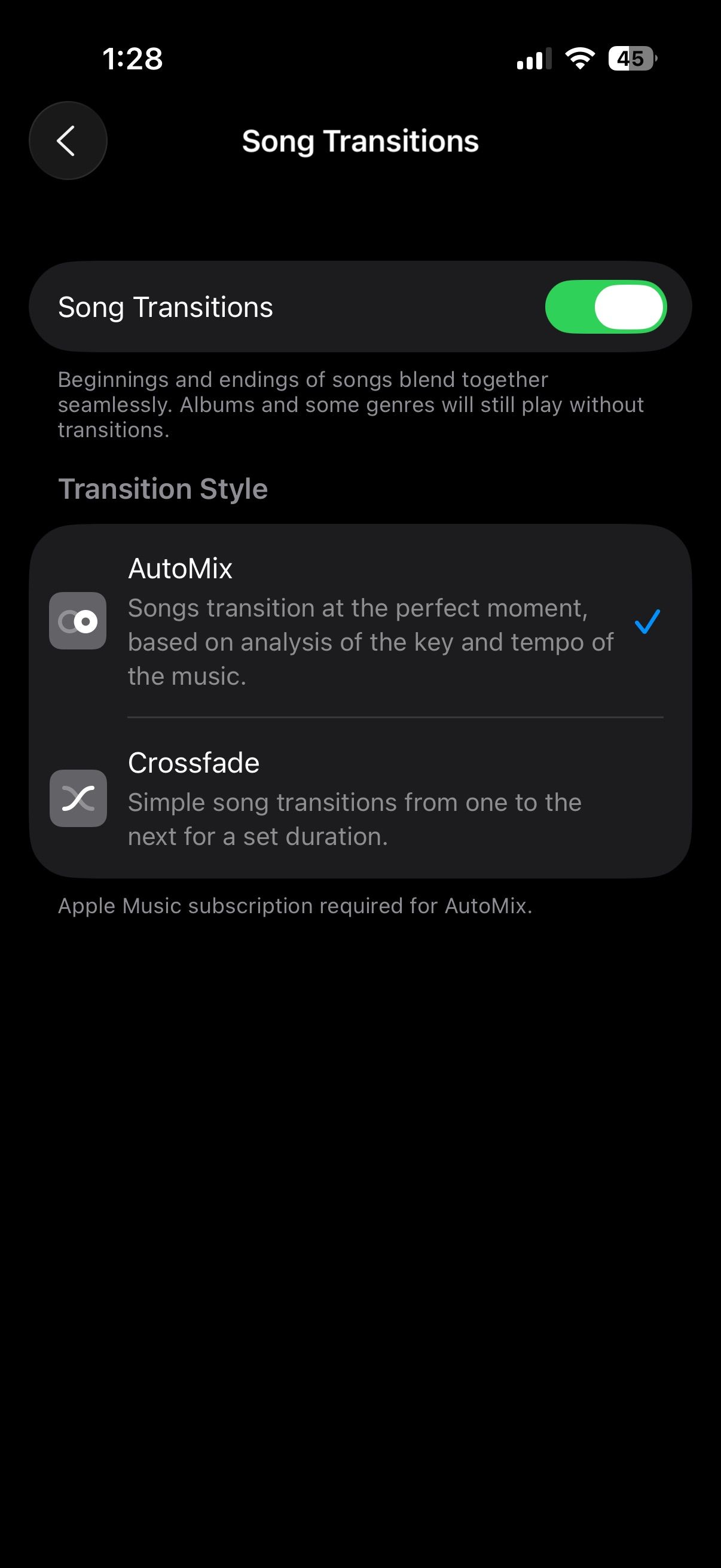 Song transition options in iOS 26