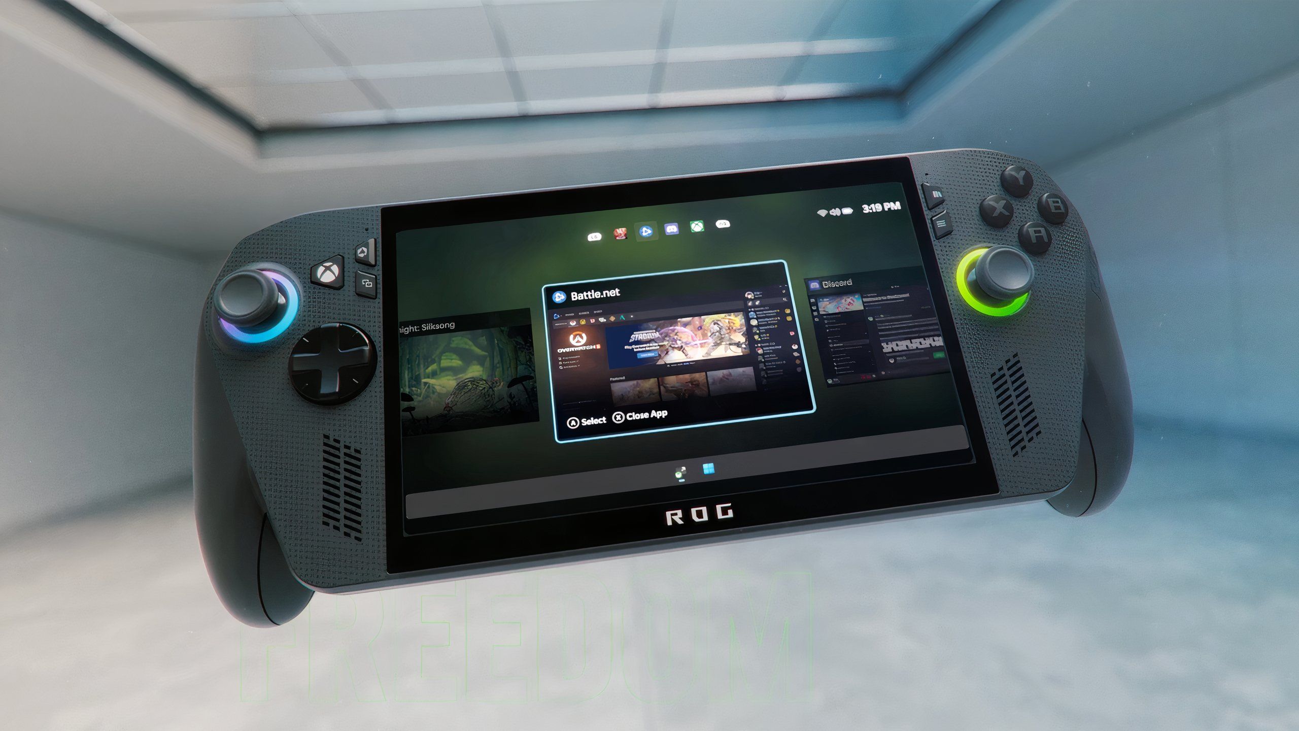 Asus Rog Xbox Ally X floats in an empty room that shows its app switcher interface.